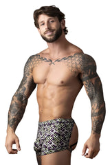 Black white and green geometric patterned men’s briefs with strappy back design from Male Power model 148-303