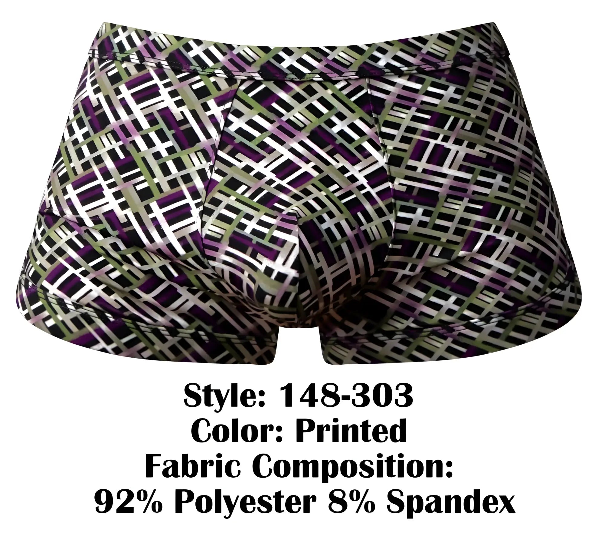 Male power 148-303 gridlocked strappy back short printed boxer briefs with bold black white purple and olive geometric pattern