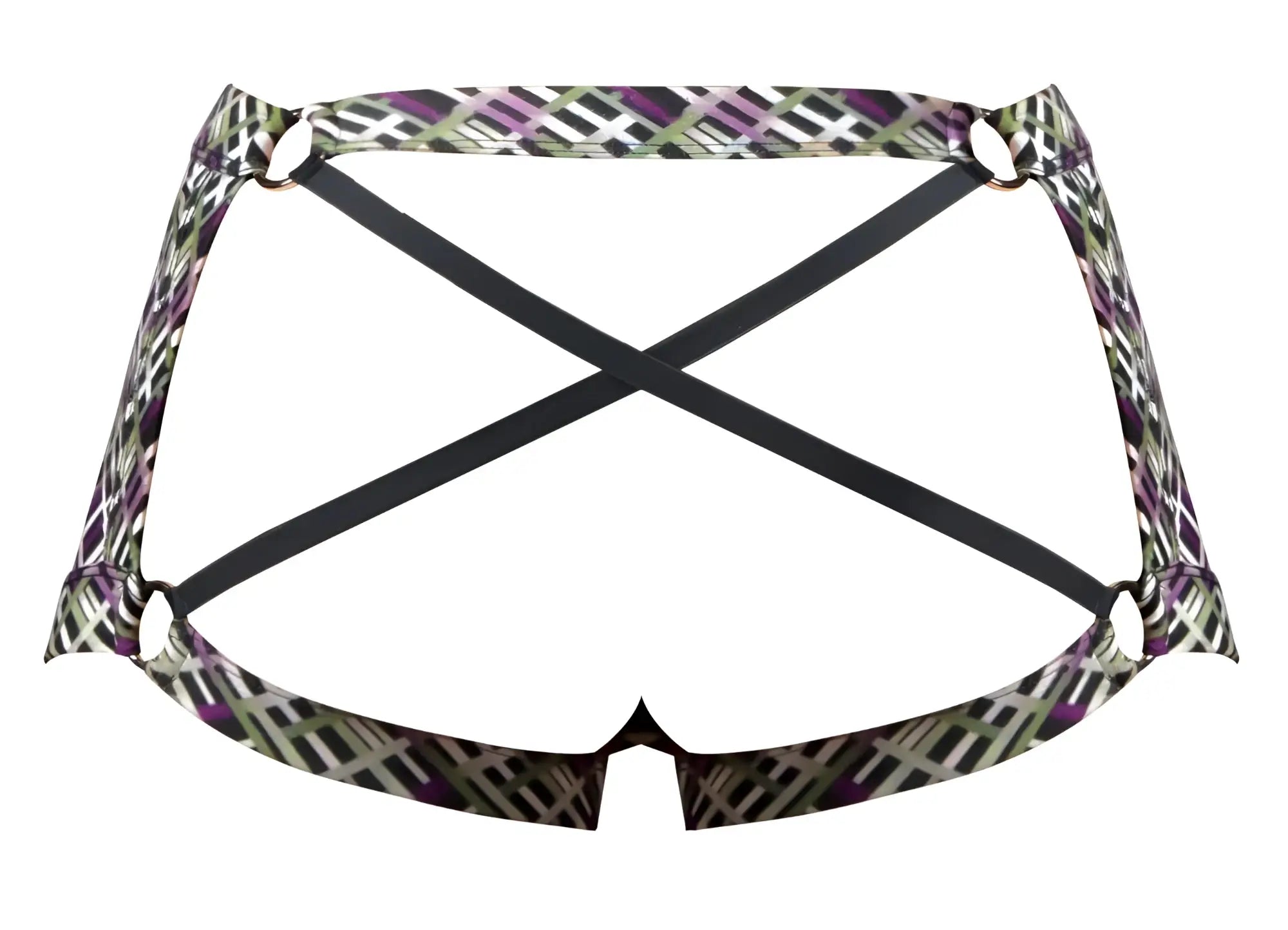 Male power 148-303 gridlocked strappy back short in purple and green geometric pattern with black crisscross straps back view
