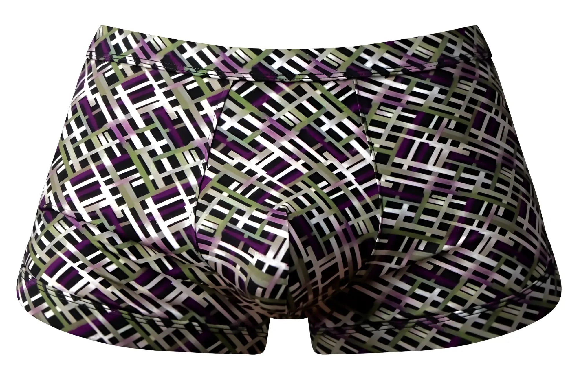 Purple white and olive green geometric patterned men’s briefs with strappy back by Male Power for stylish comfort