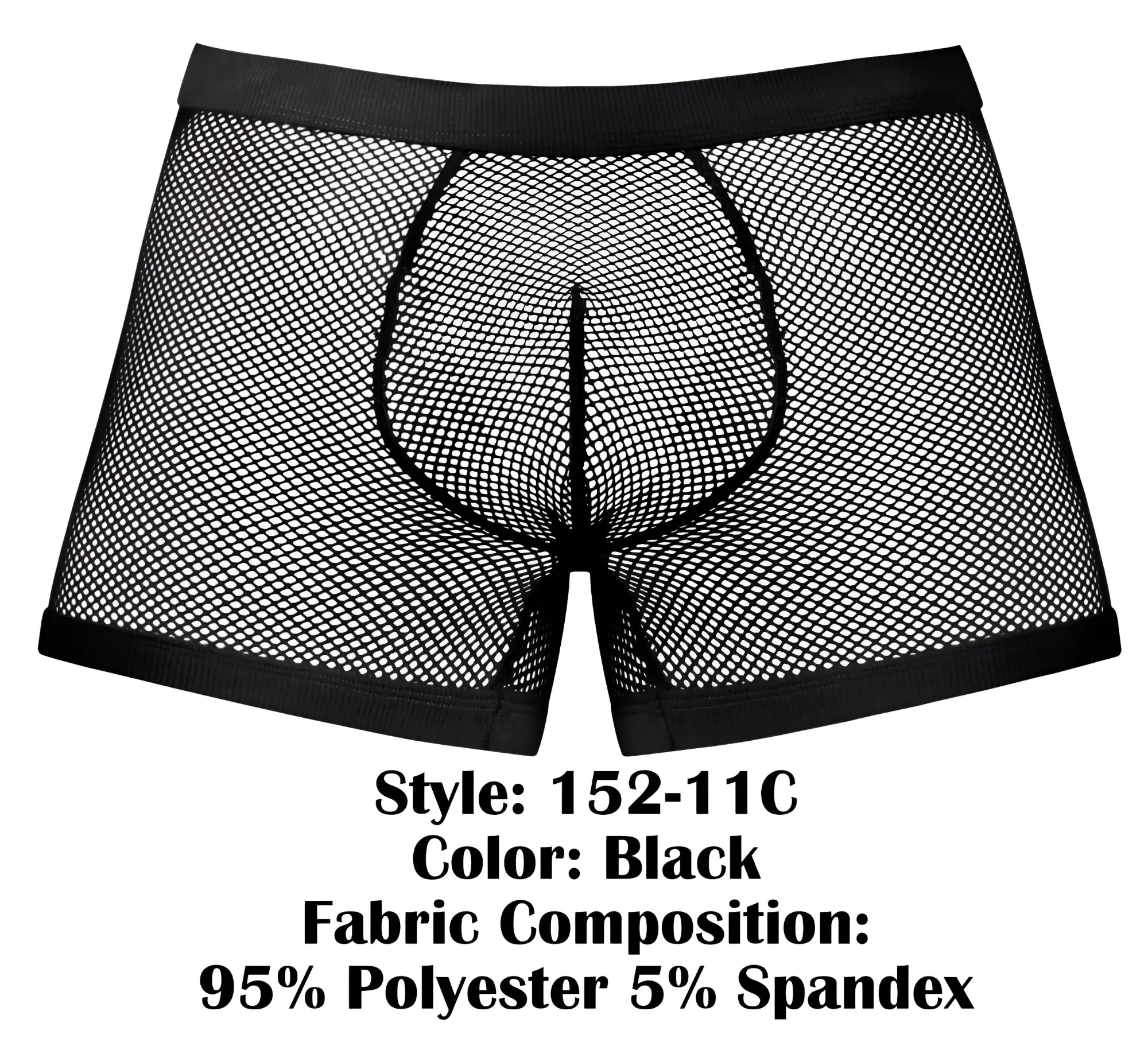 Black mesh boxer briefs with reinforced waistband and leg openings made of 95 polyester 5 spandex by male power