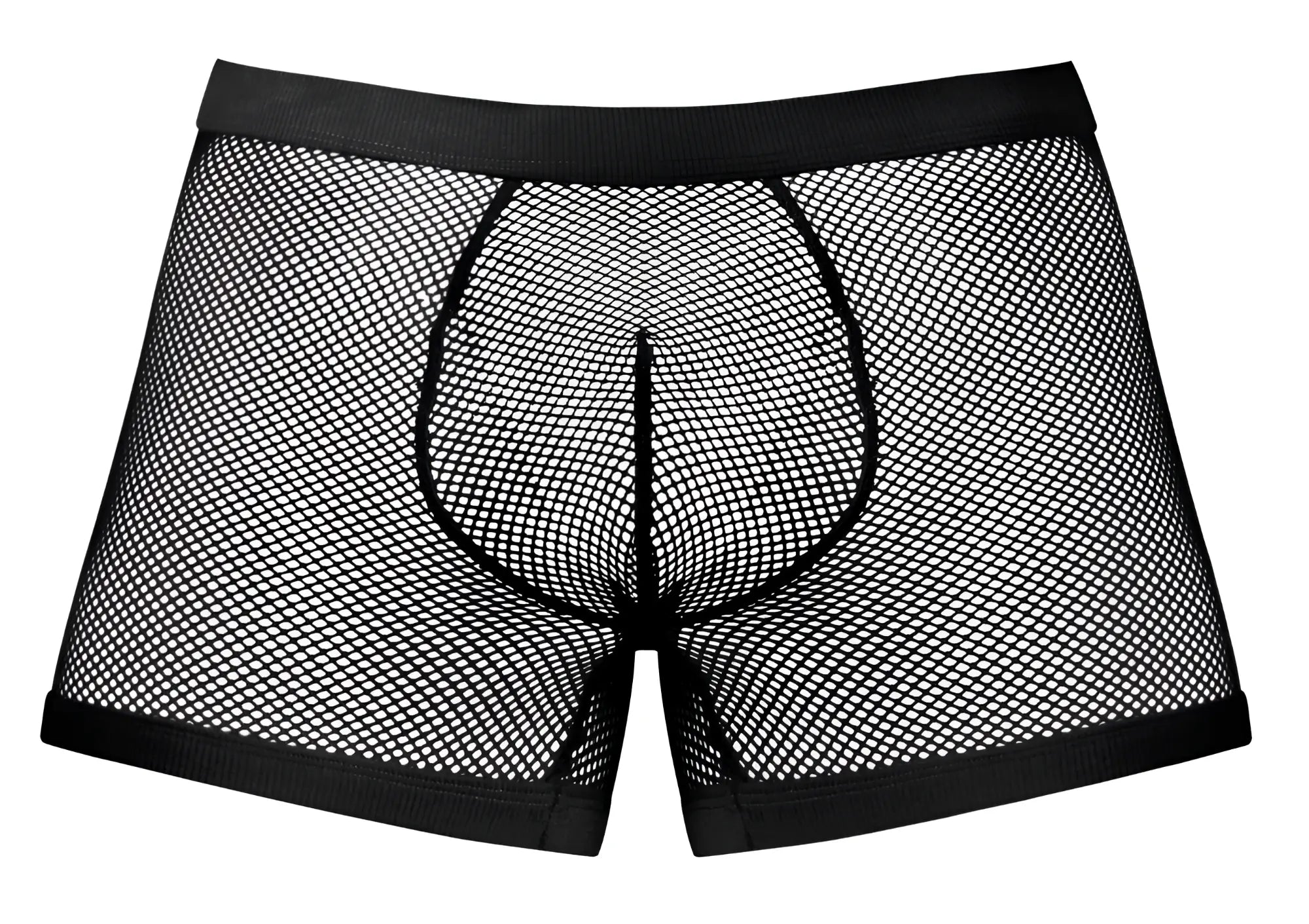 Male power 152-11c fishnet black mesh boxer briefs with solid black elastic waistband and leg openings