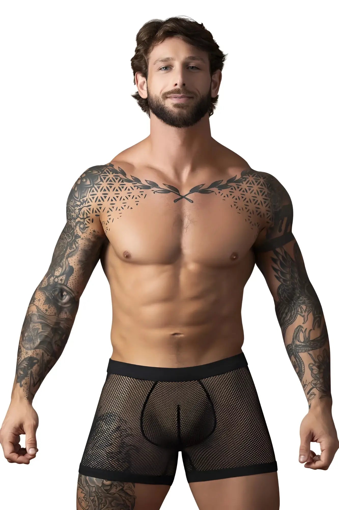 Male power 152-11c fishnet 2 pouch short in black features black mesh boxer briefs with a solid black waistband