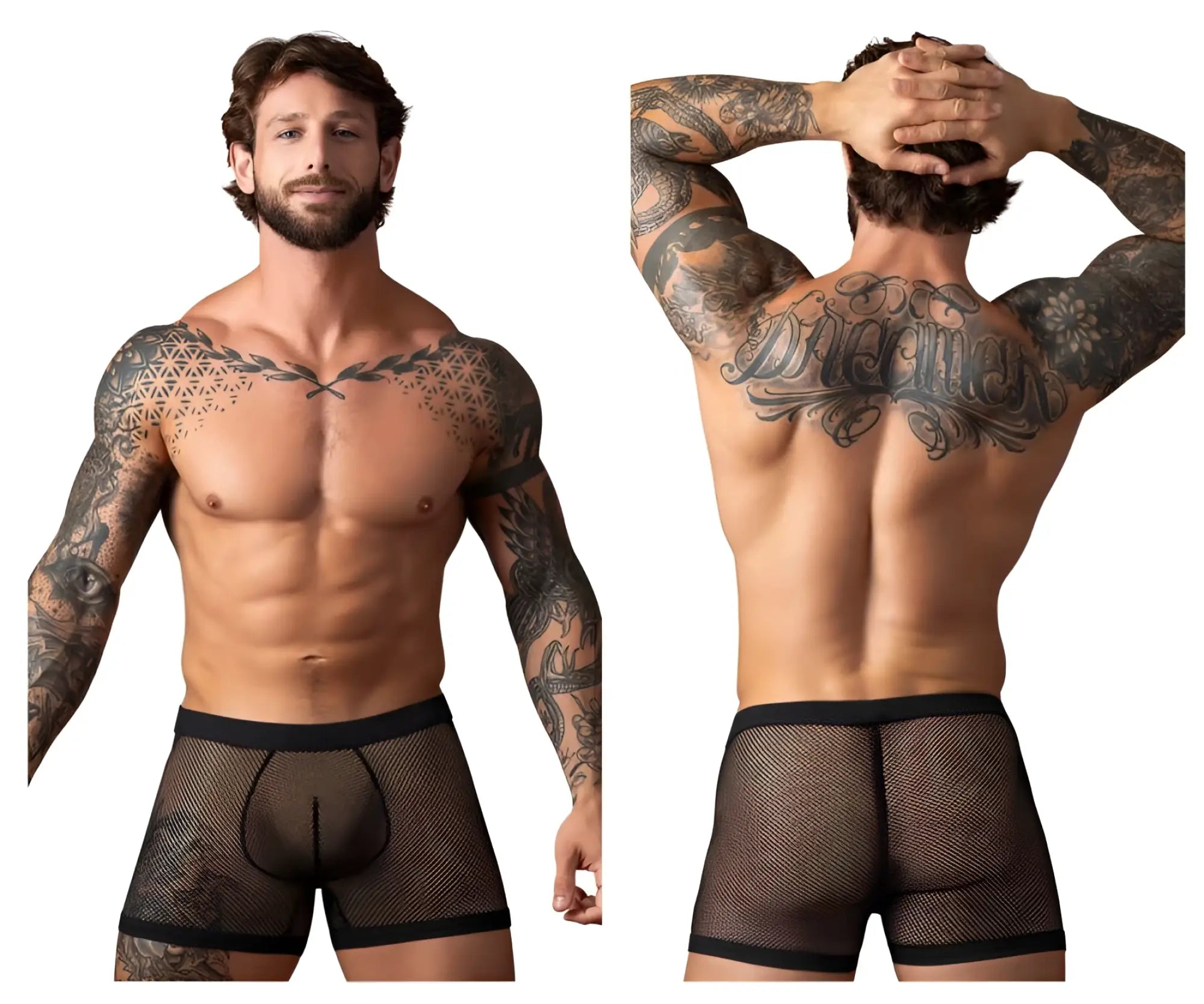 Black mesh boxer briefs male power 152-11c fishnet 2 pouch short with solid waistband and leg openings