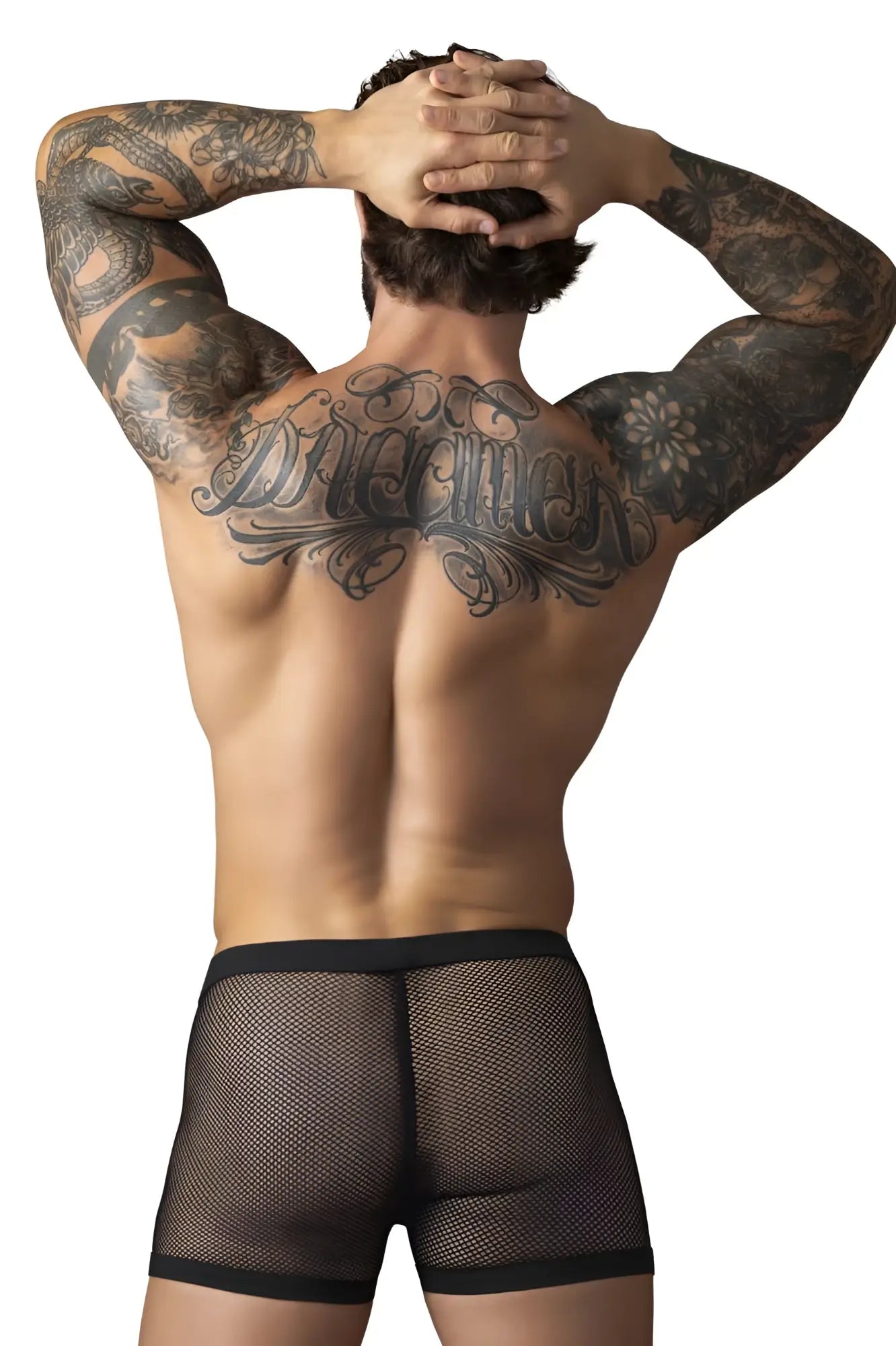 Male power black fishnet mesh briefs with solid black waistband and dual pouch design for men