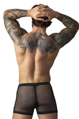 Male power black fishnet mesh briefs with solid black waistband and dual pouch design for men
