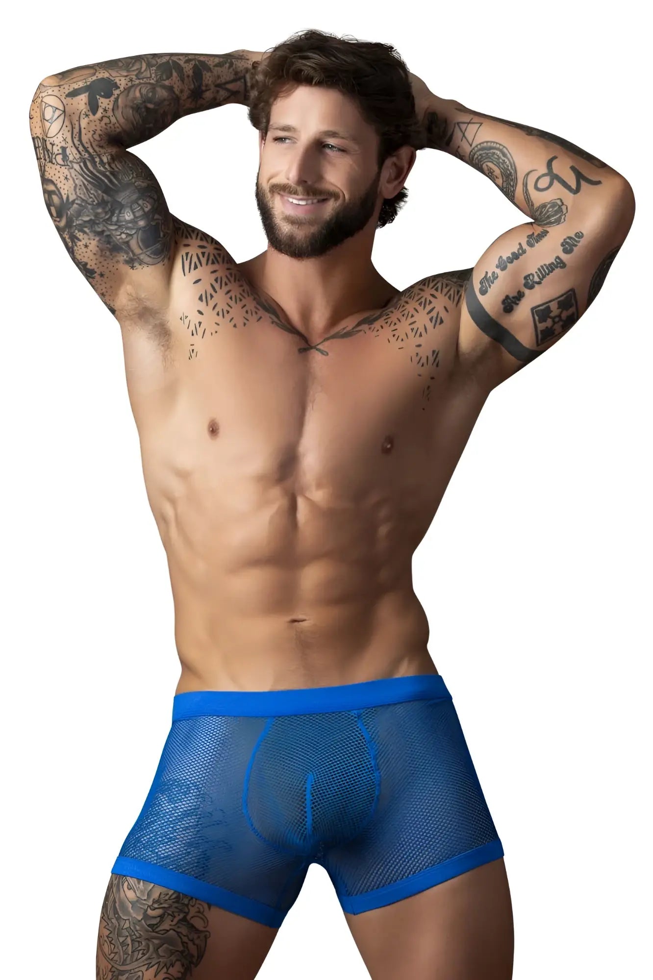 Blue mesh boxer briefs with solid blue trim by male power featuring a fishnet 2 pouch design in royal color