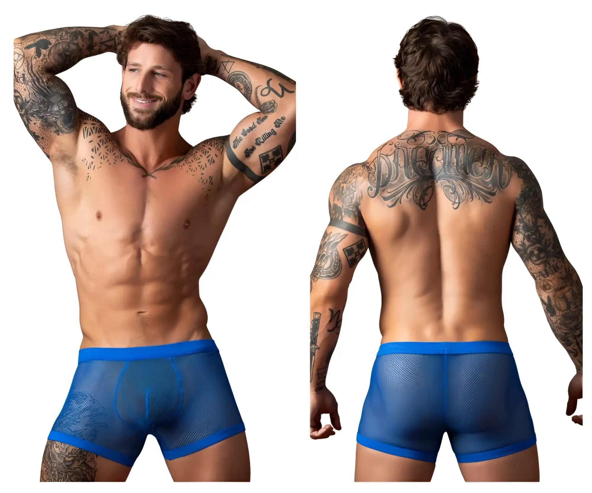 Male Power 152-11C fishnet mesh briefs with solid royal blue waistband featuring a dual pouch design