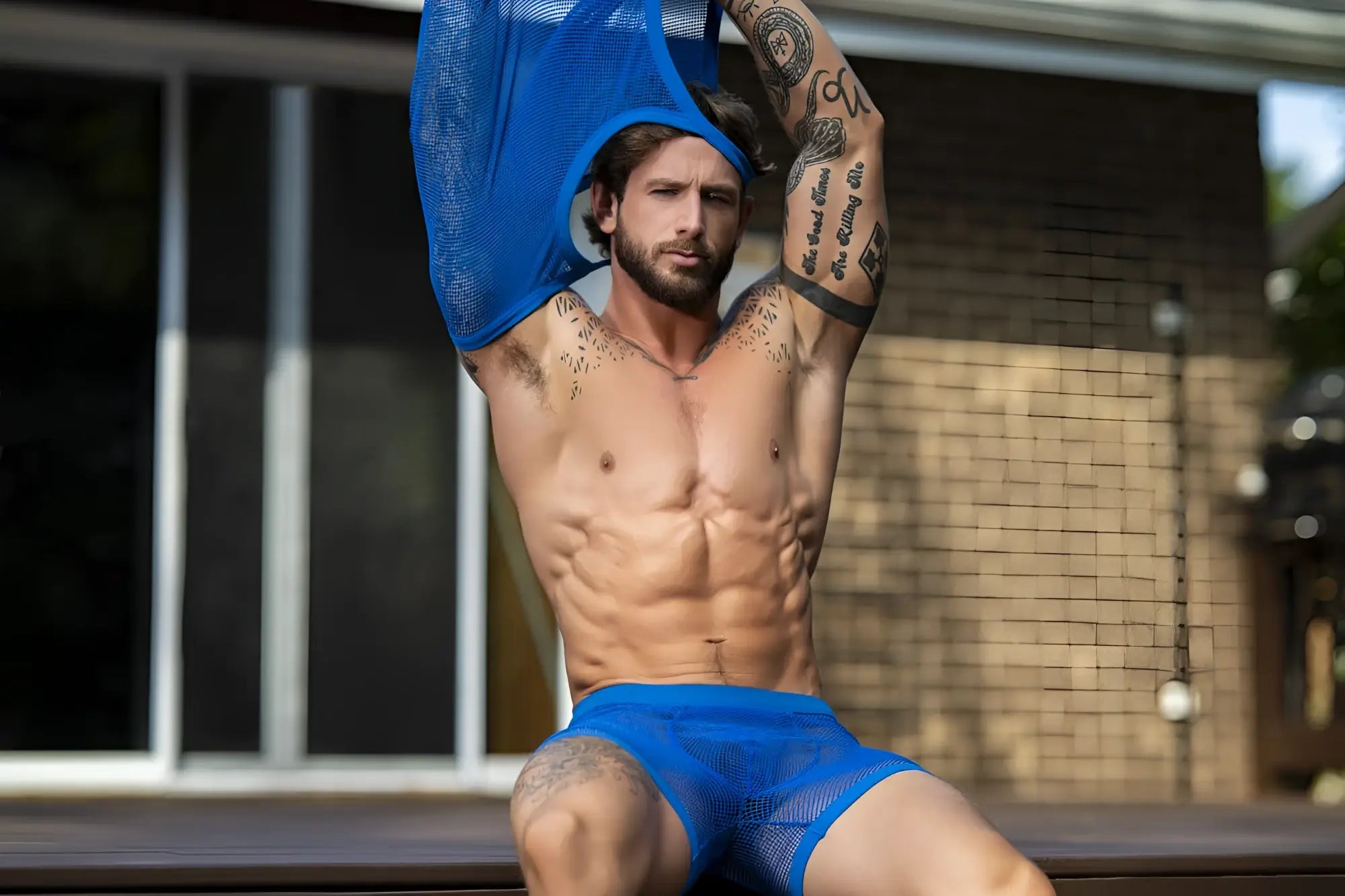 Blue mesh swim trunks male power 152-11c fishnet 2 pouch short in royal color for men