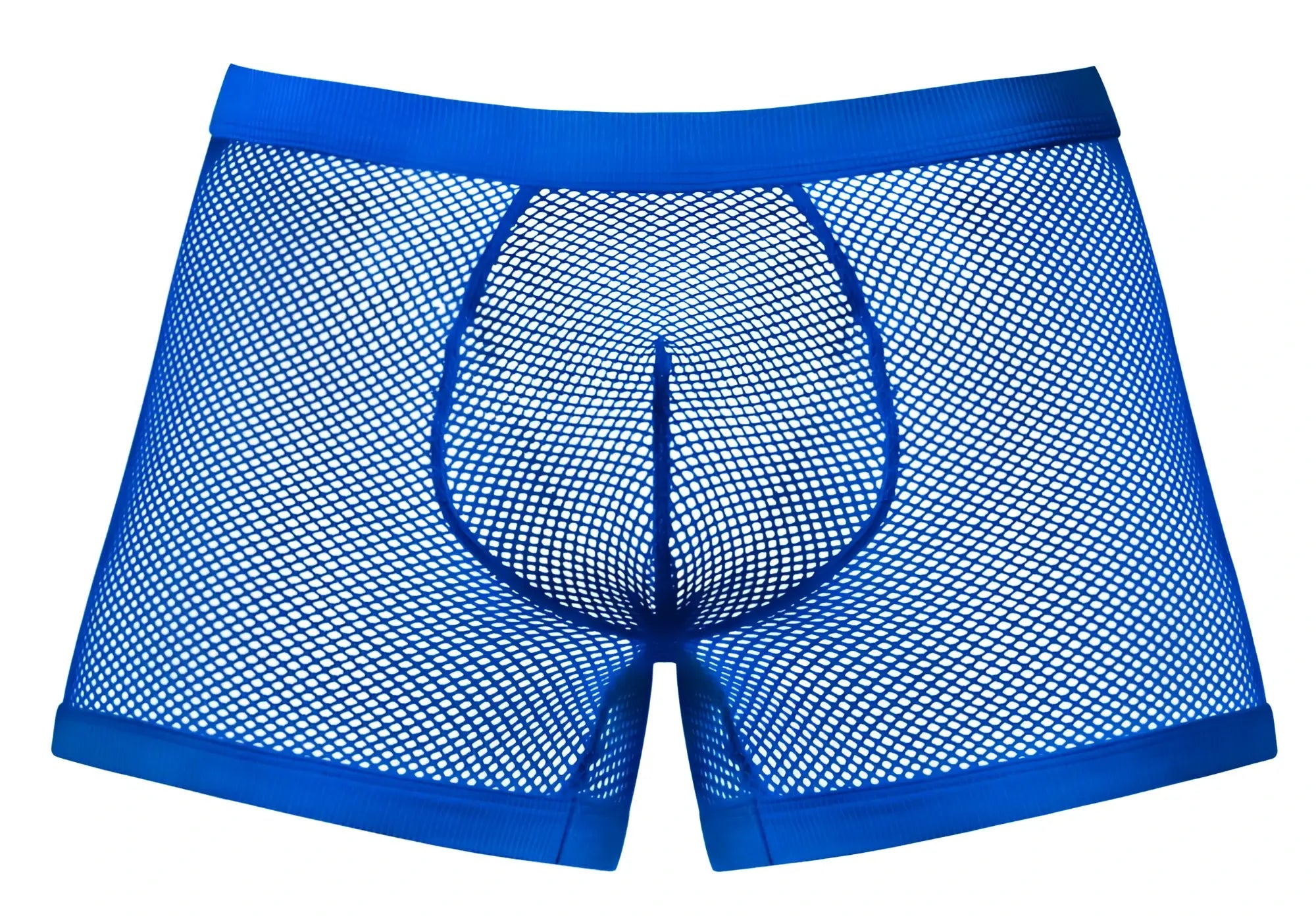 Bright blue mesh boxer briefs with solid fabric waistband and leg openings male power 152-11c fishnet pouch short royal