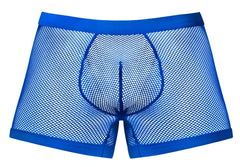 Bright blue mesh boxer briefs with solid fabric waistband and leg openings male power 152-11c fishnet pouch short royal