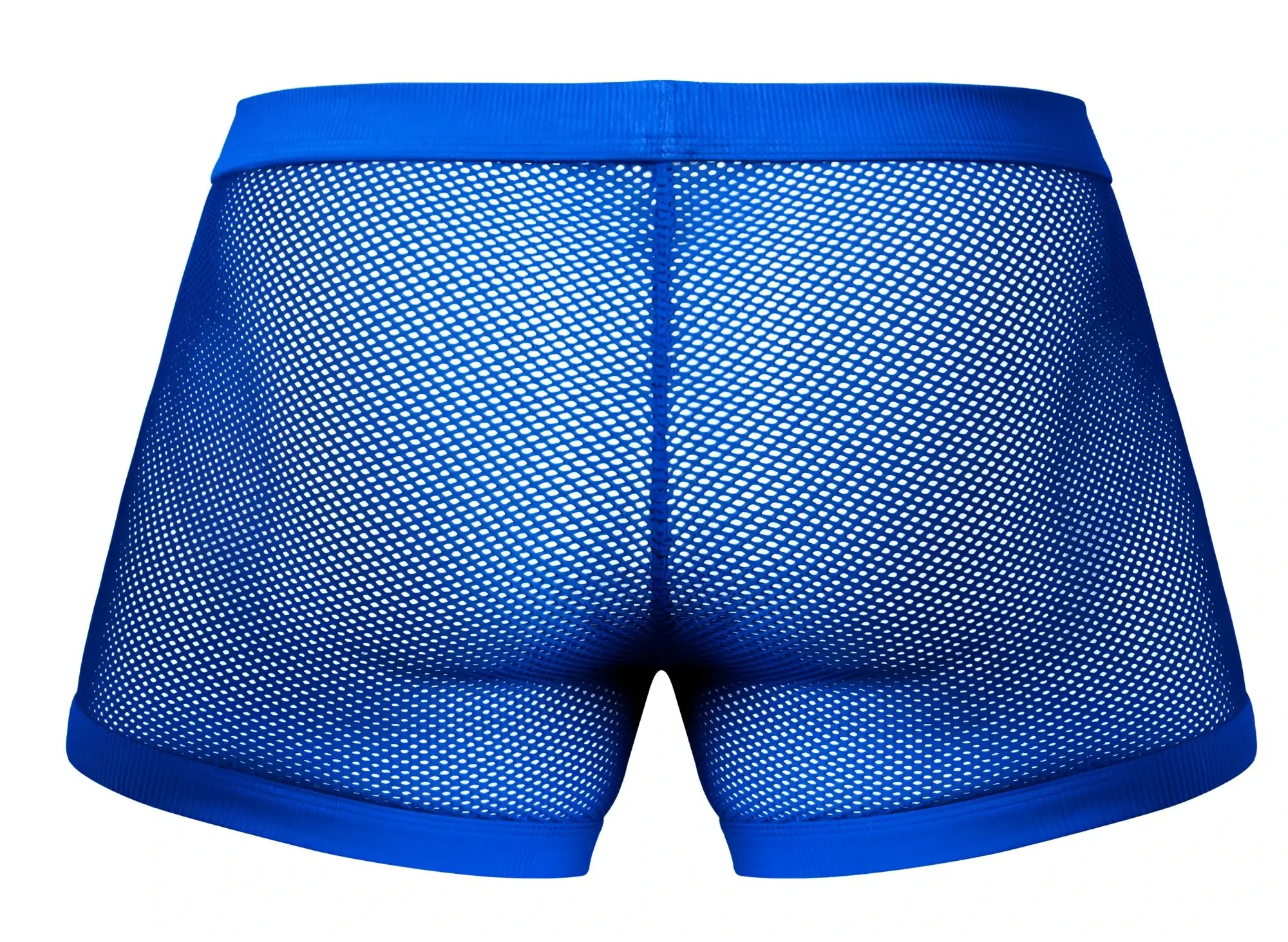 Male power 152-11c fishnet 2 pouch bright blue mesh shorts with solid waistband and hem
