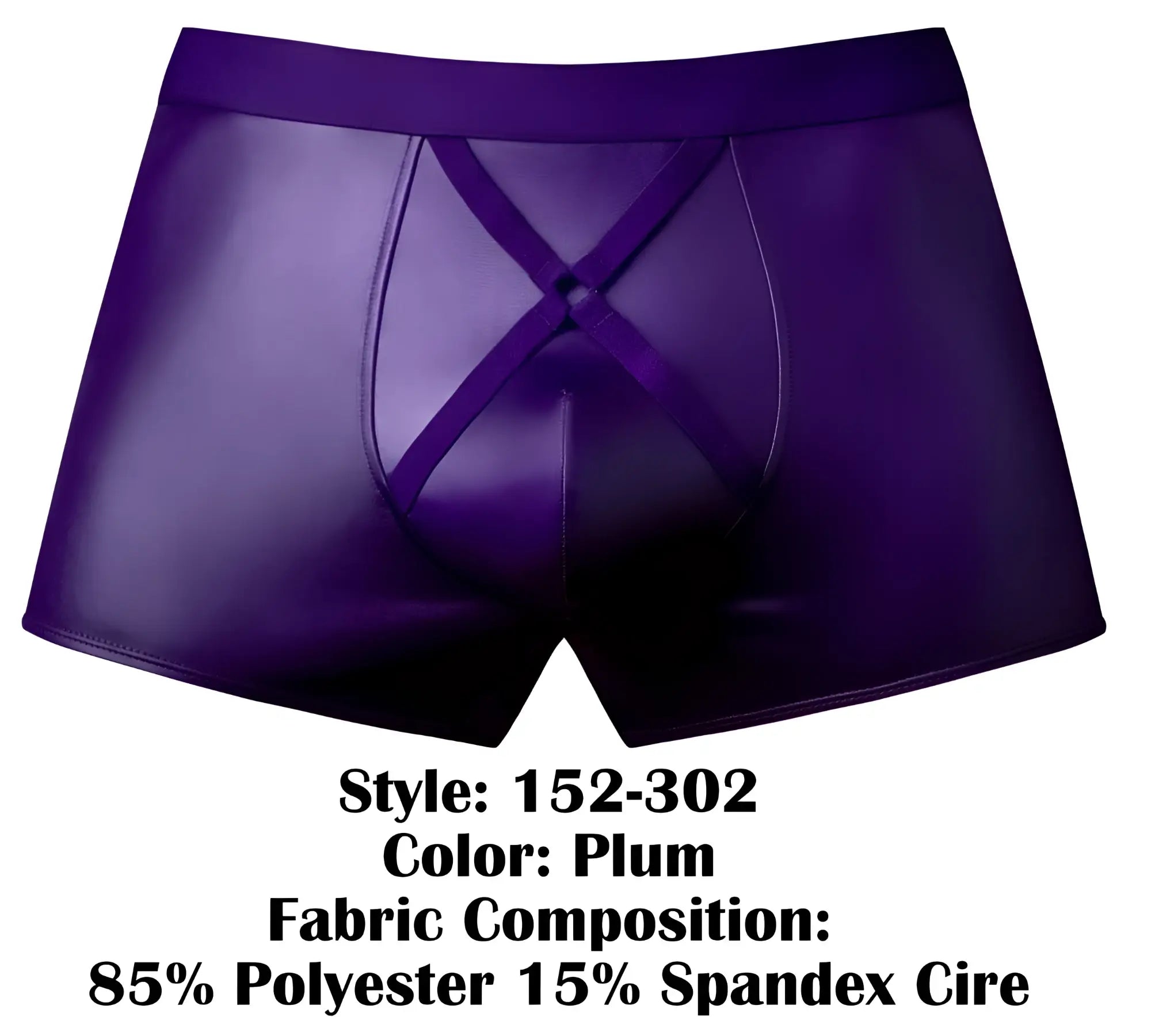 Male power 152-302 eggplant crossover short plum faux leather boxer briefs with shiny finish and front crisscross design