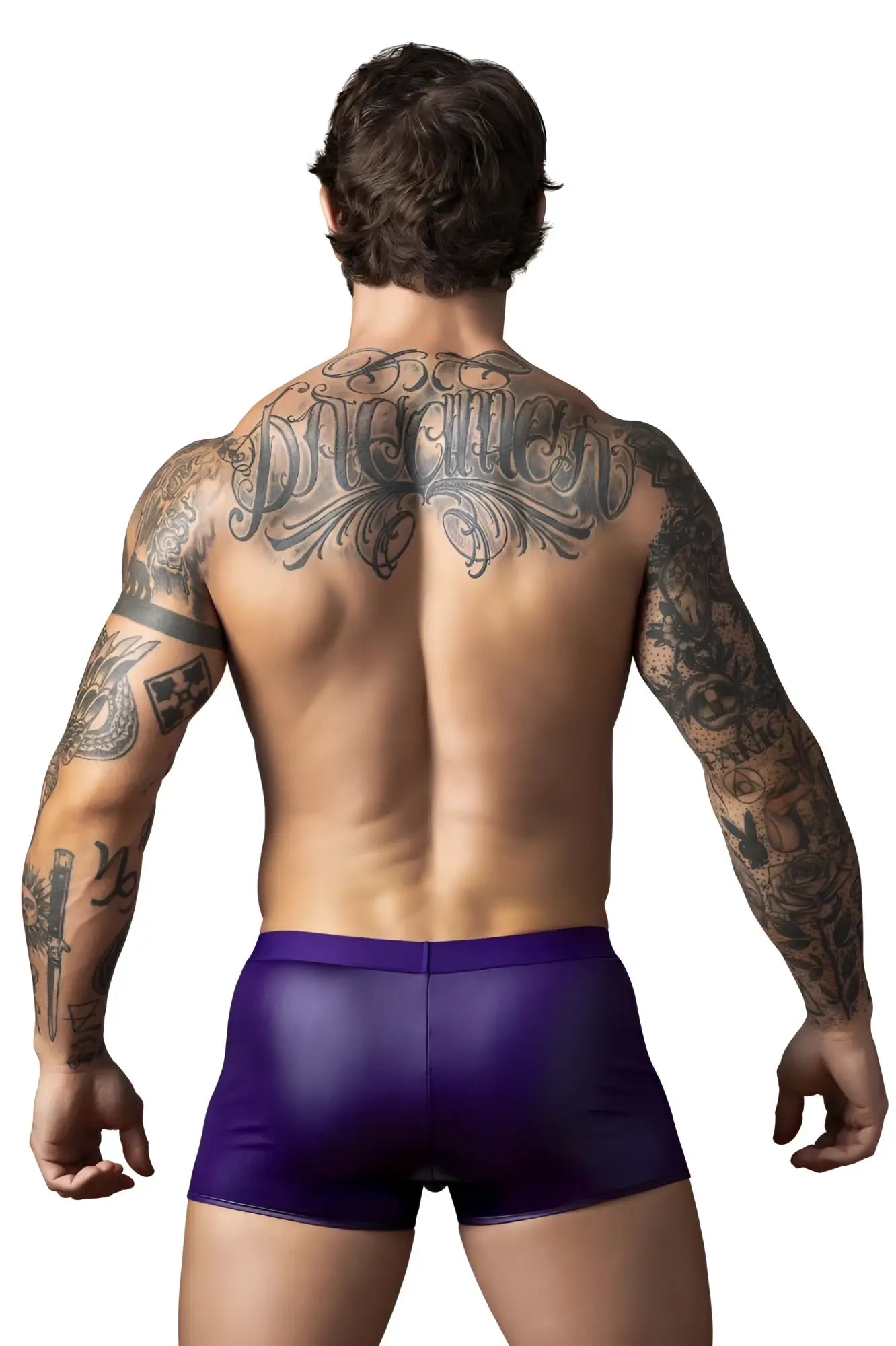 Male power 152-302 eggplant crossover short shiny purple briefs with a crossover design in plum color