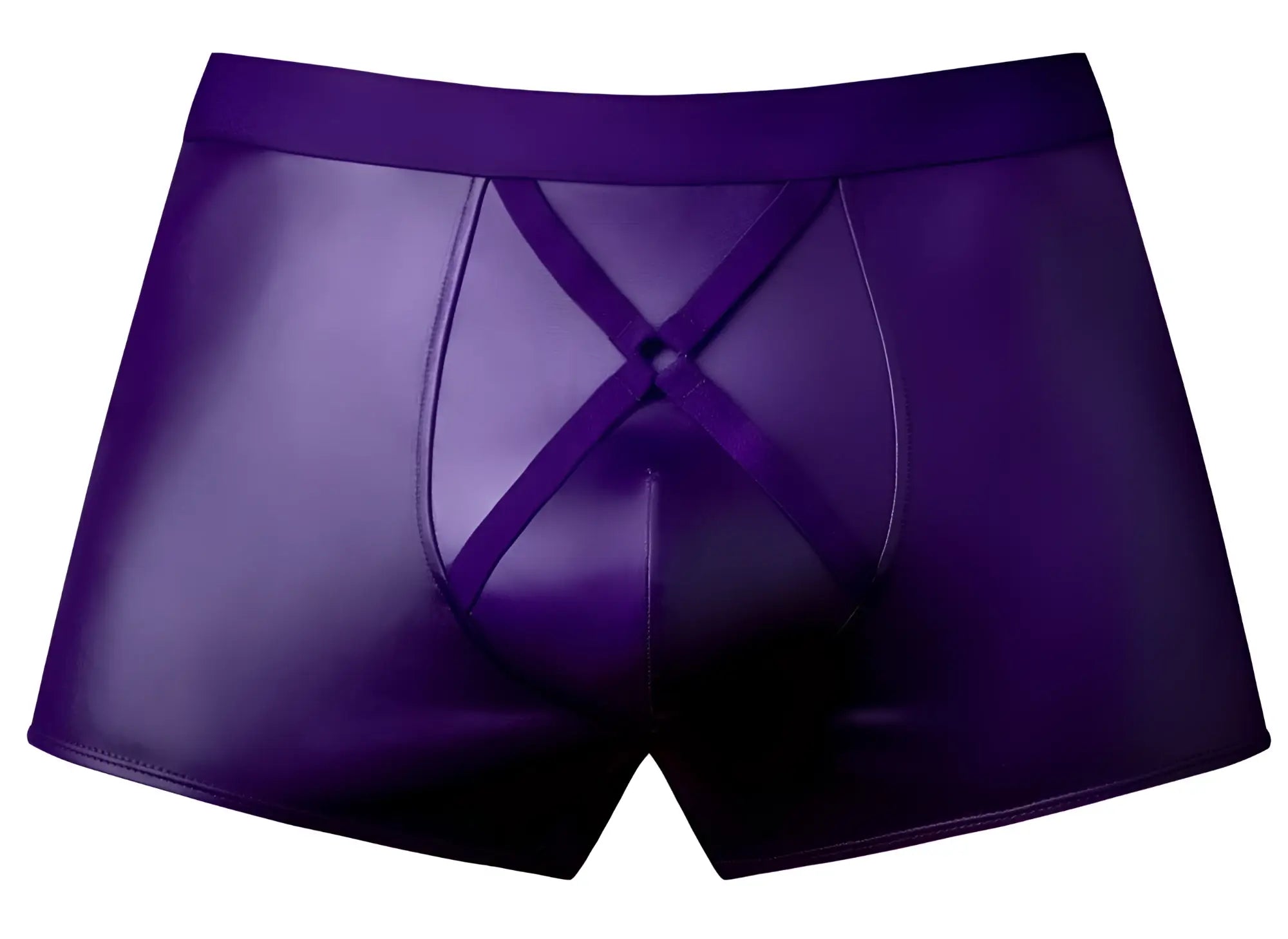 Male power 152-302 eggplant crossover short plum purple shiny faux leather boxer briefs with crisscross front design