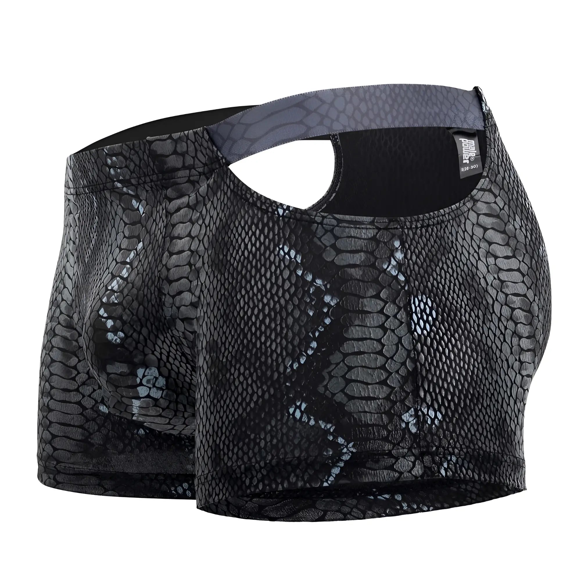 Male power 153-282 s-naked pouch short black-blue boxer briefs with glossy snake-scale pattern and gray waistband