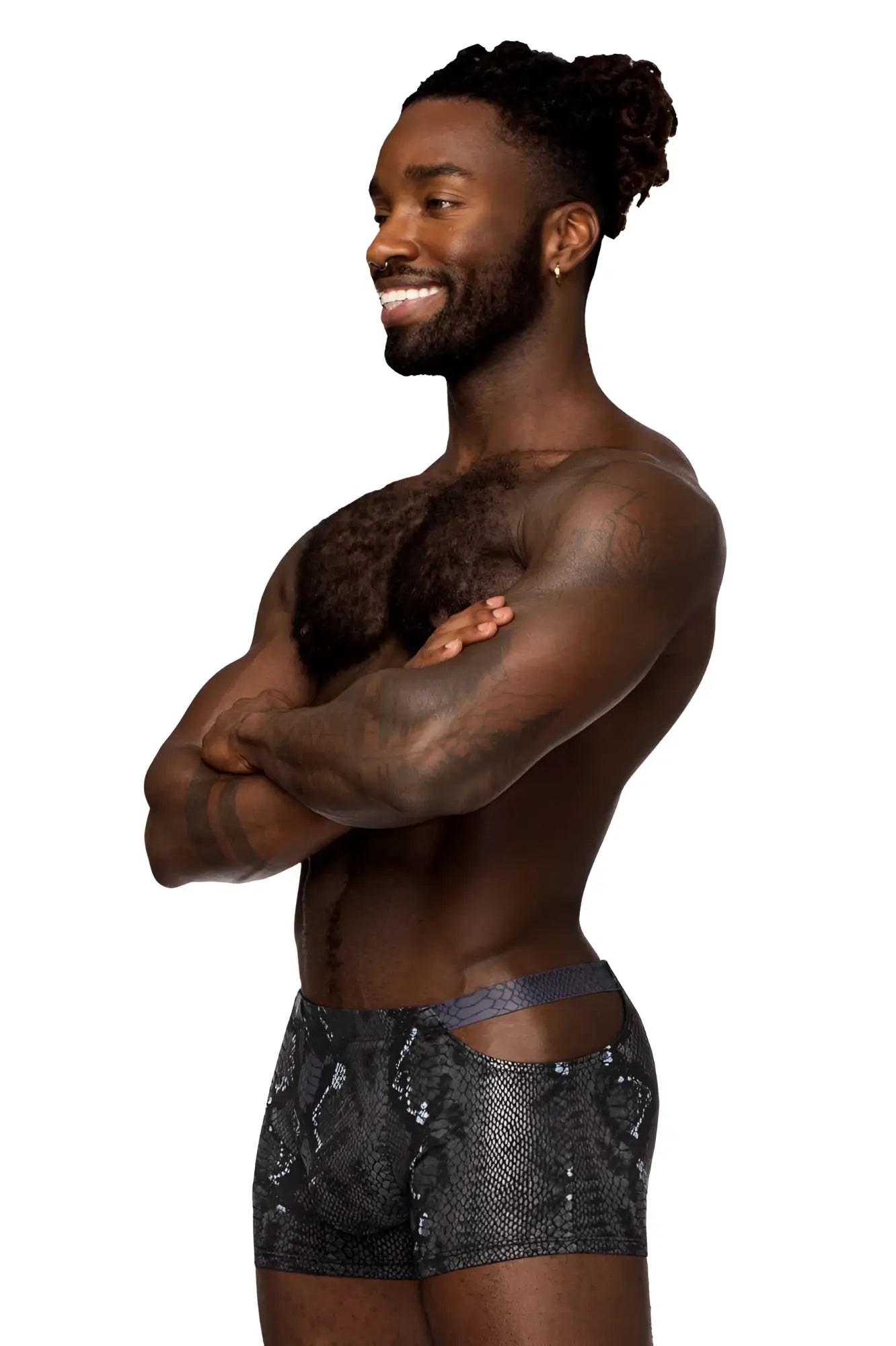 Black snake-print boxer briefs male power 153-282 s-naked pouch short with textured fabric and gray waistband
