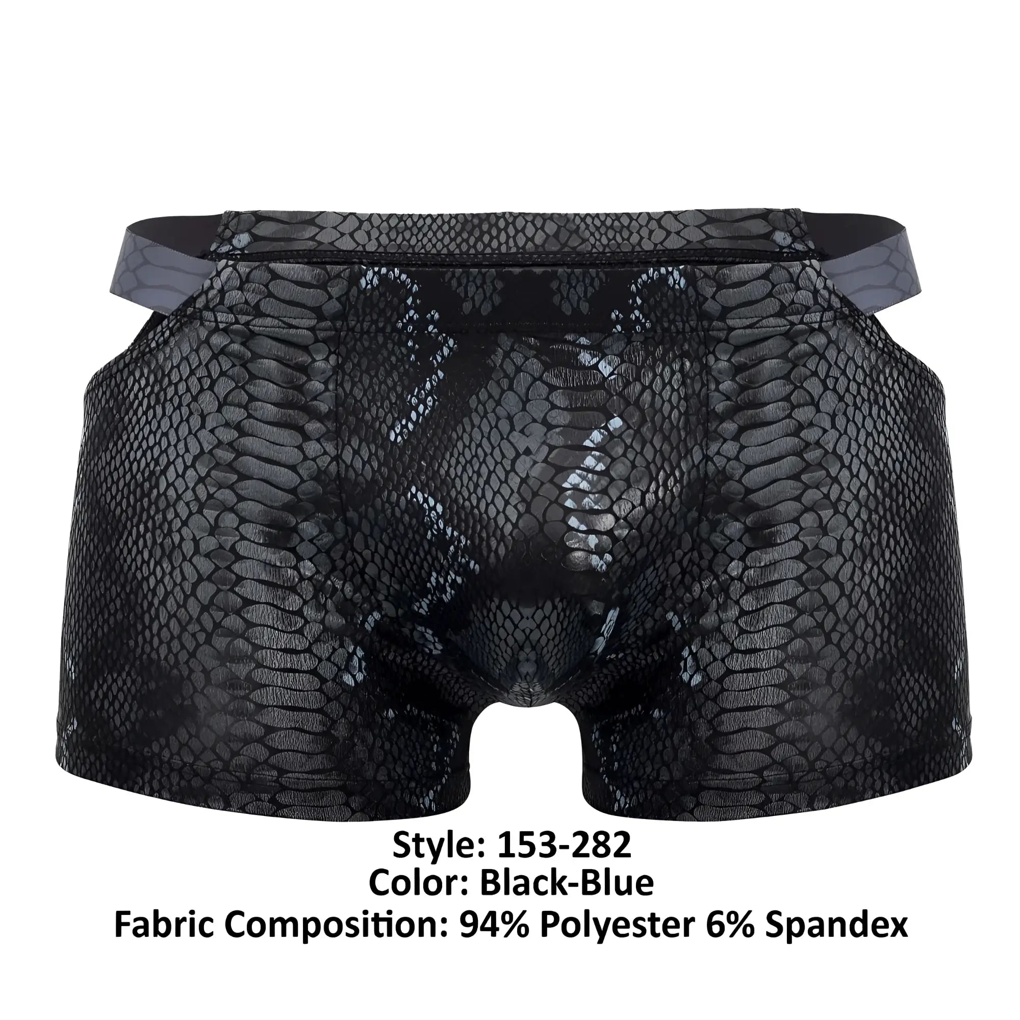 Male power black-blue snake-scale patterned men’s boxer briefs made of 94 polyester 6 spandex with s-naked pouch
