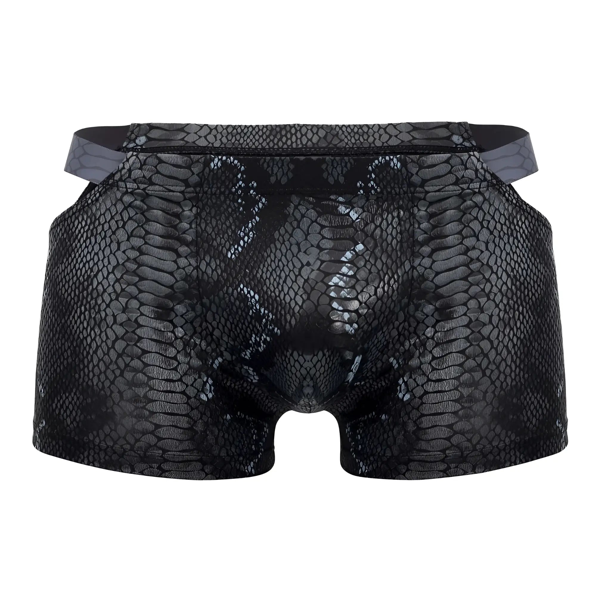 Male power black-blue men’s briefs with black snake-skin pattern, glossy finish, and contrasting gray waistband