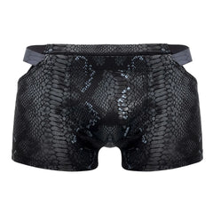 Male power black-blue men’s briefs with black snake-skin pattern, glossy finish, and contrasting gray waistband
