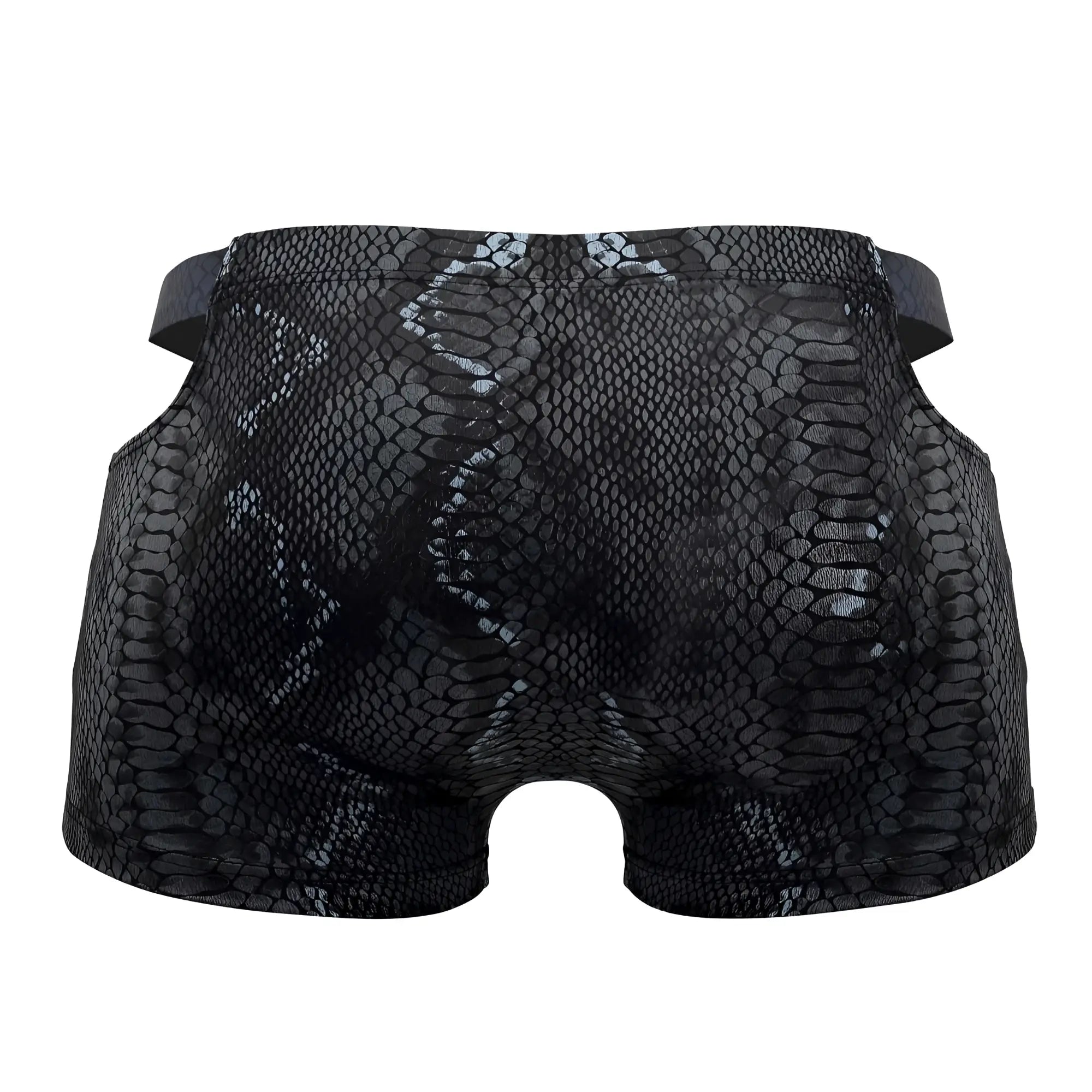 Male Power 153-282 s-naked pouch shorts in black-blue with black snake-skin pattern and glossy finish with elastic waistband