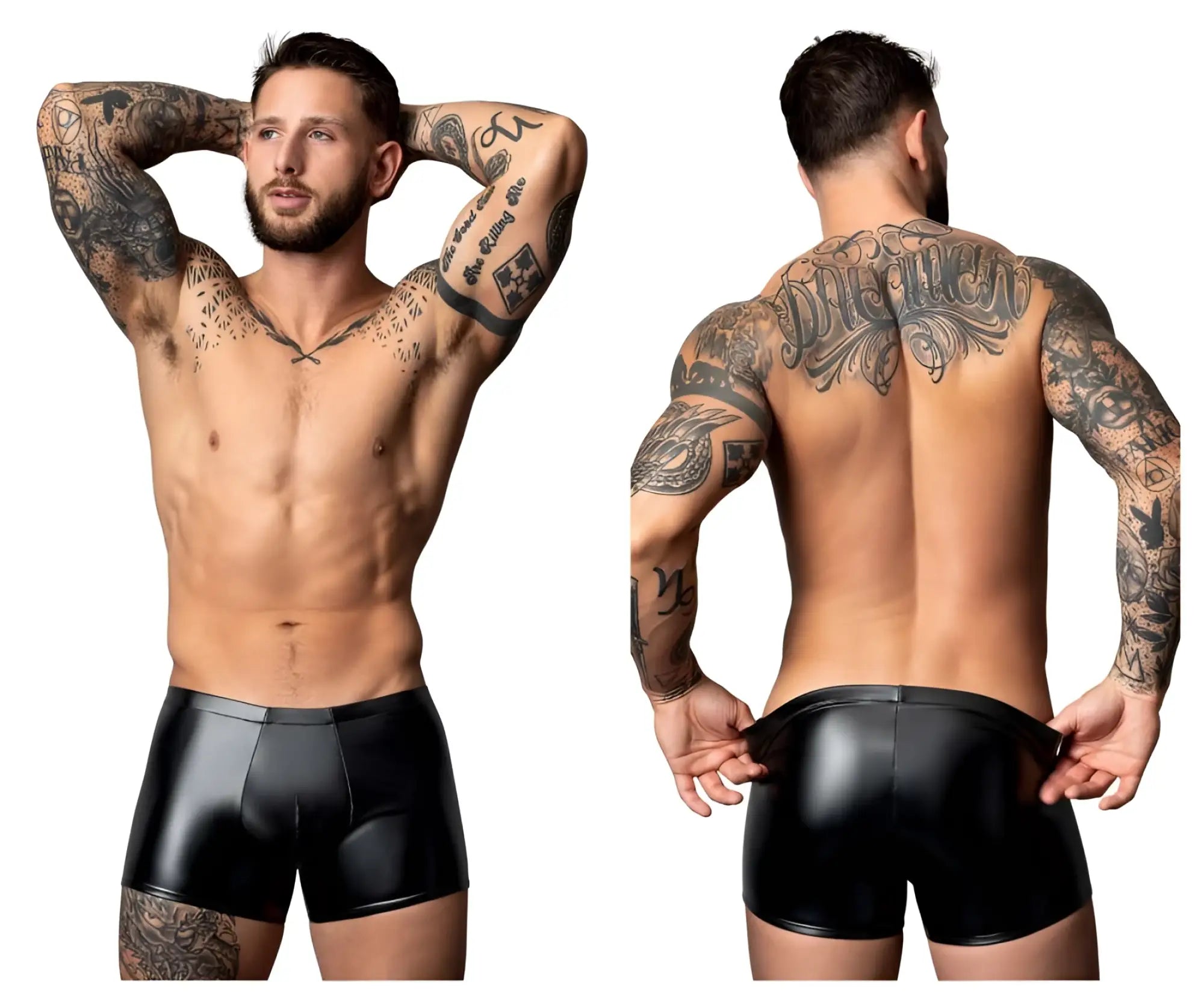 Black patent leather male power 153-301 liquid onyx 2.0 pouch short with sleek glossy finish and contoured design