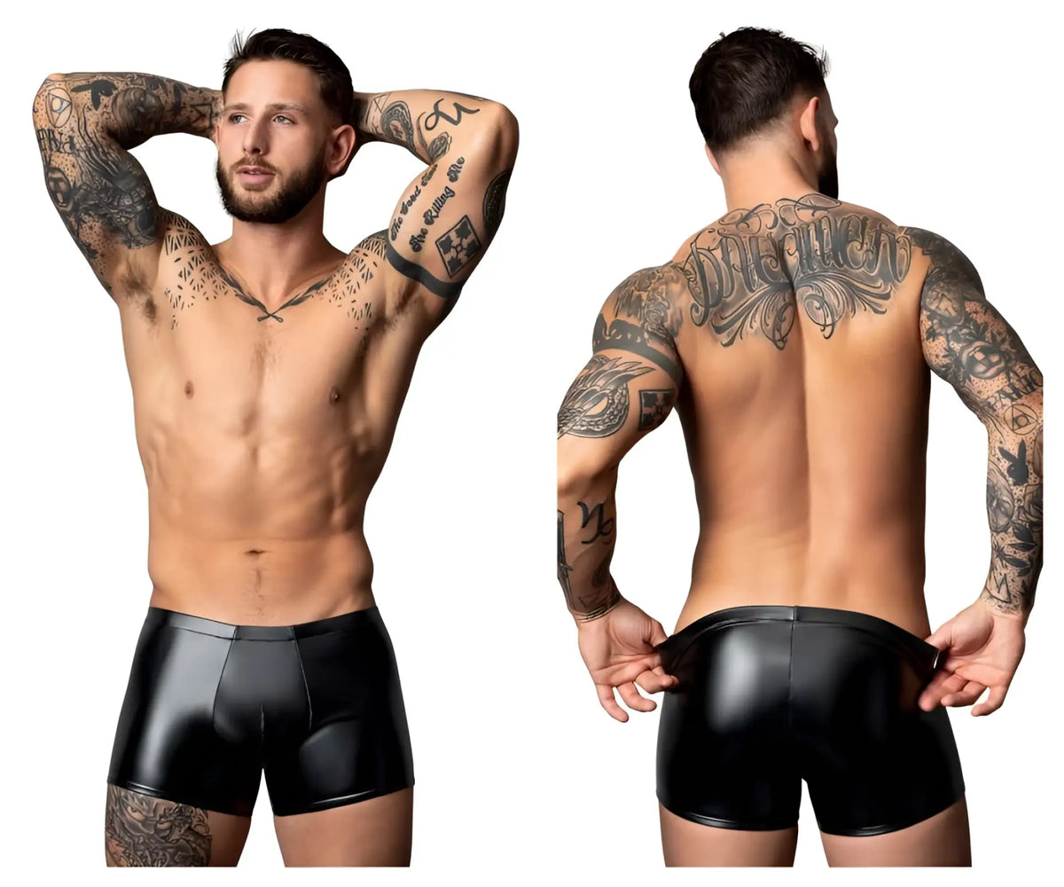 Black patent leather male power 153-301 liquid onyx 2.0 pouch short with sleek glossy finish and contoured design