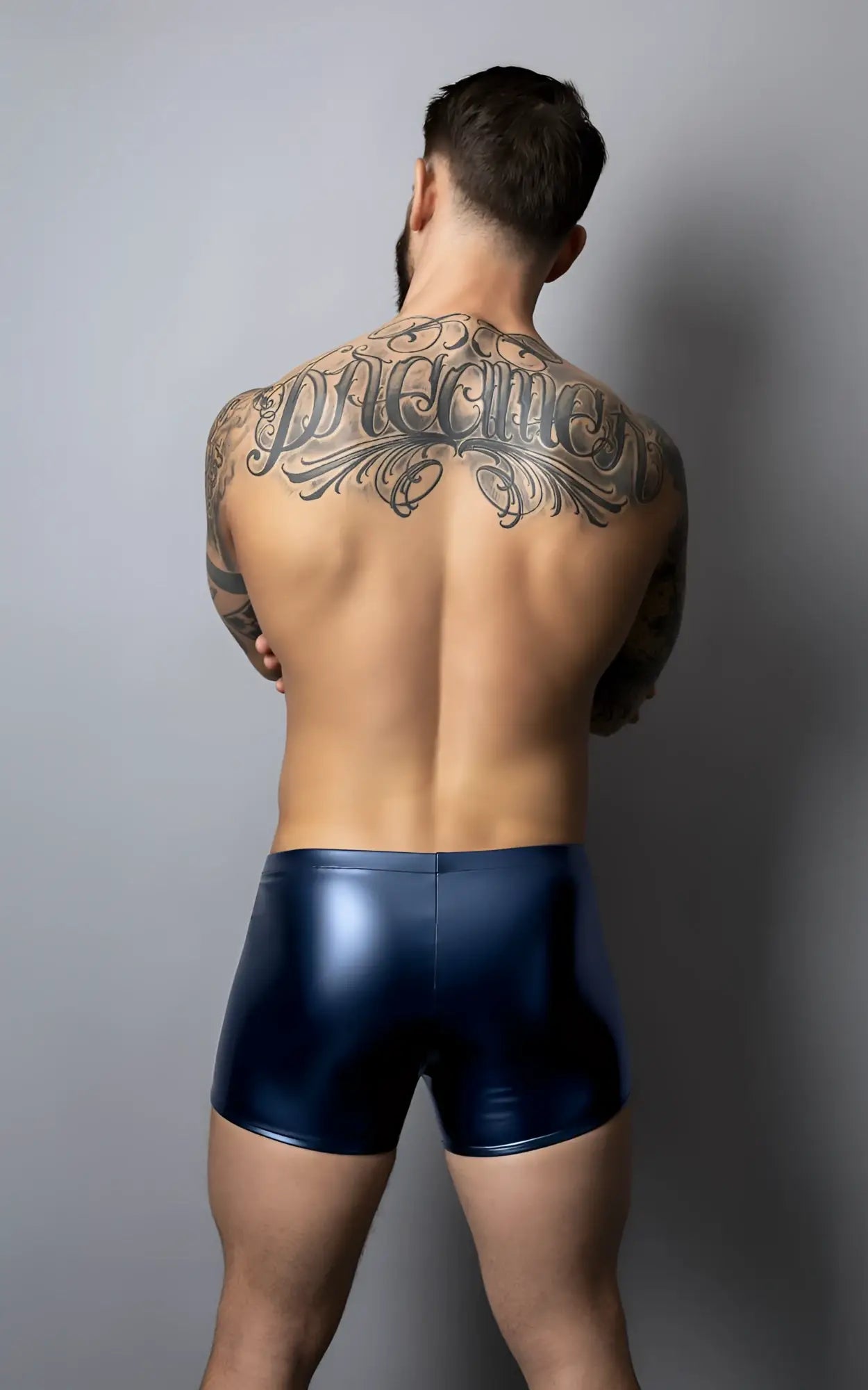 Male Power 153-301 liquid onyx 2.0 pouch shorts in navy blue shiny latex for a sleek and bold look