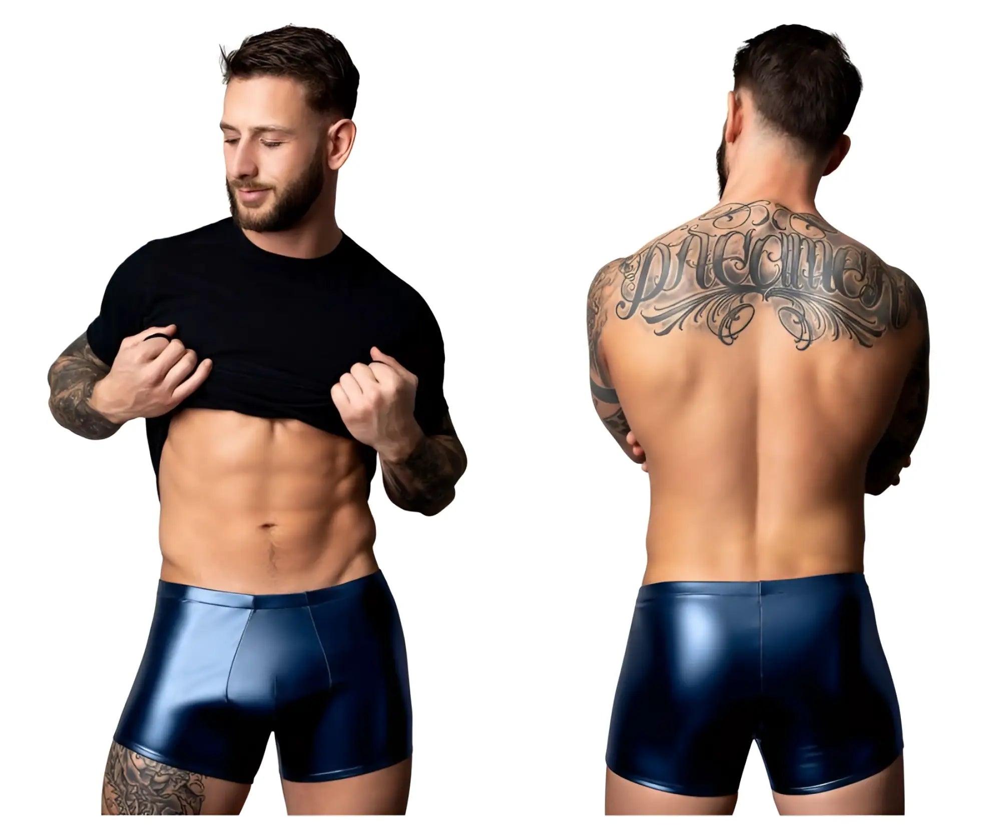 Shiny navy blue faux leather briefs male power 153-301 liquid onyx 2.0 pouch short color blue front view