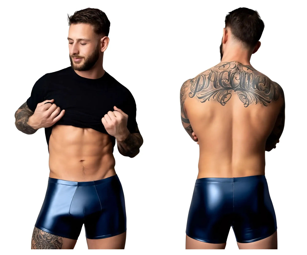 Shiny navy blue faux leather briefs male power 153-301 liquid onyx 2.0 pouch short color blue front view