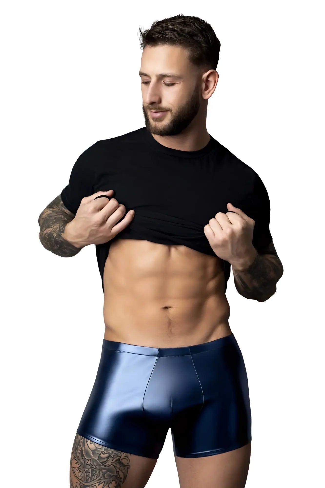 Male power 153-301 liquid onyx 2.0 shiny navy blue metallic pouch briefs for men in blue color