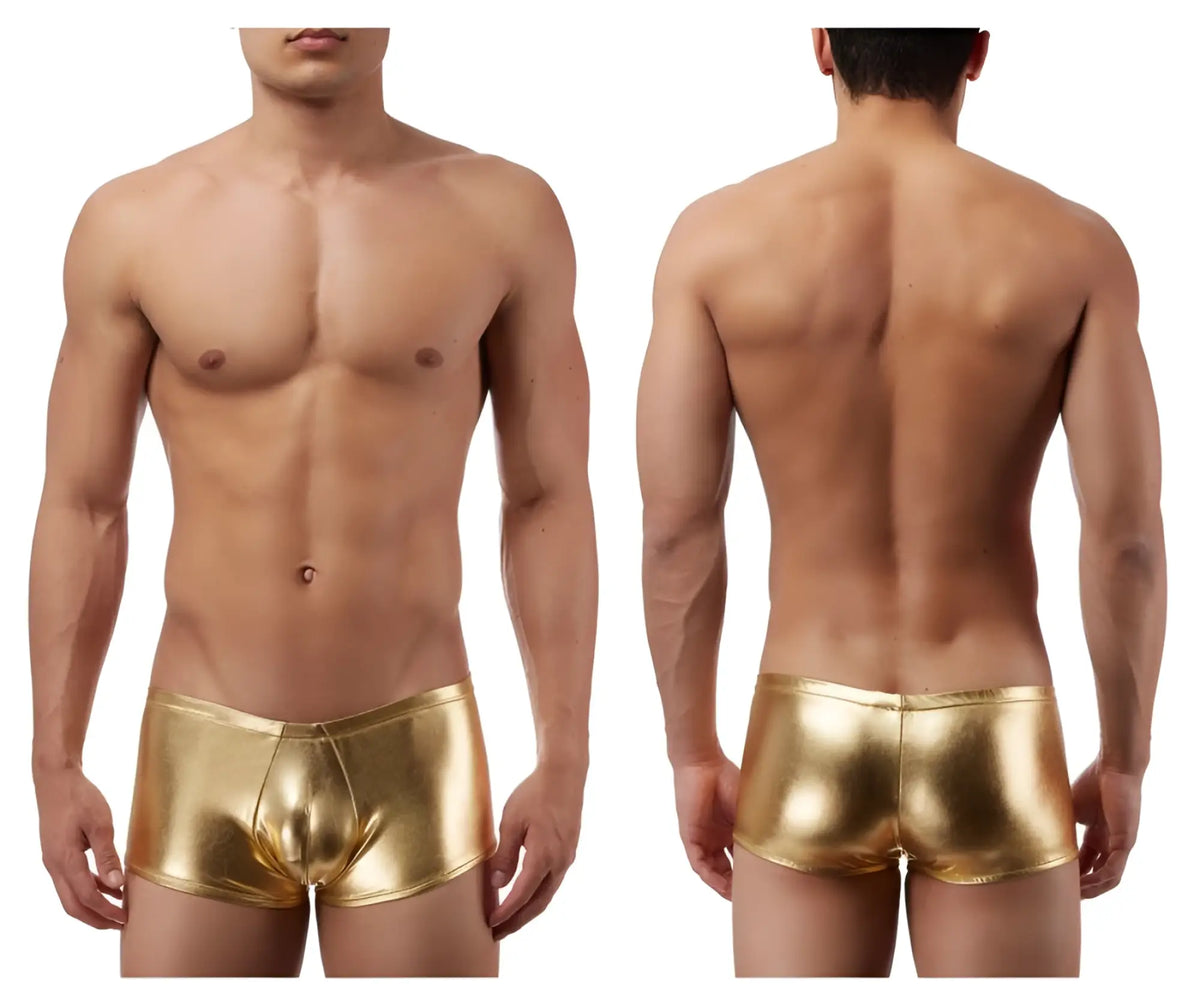 Male power 153070 heavy metal mini short boxer briefs in gold metallic fabric front view