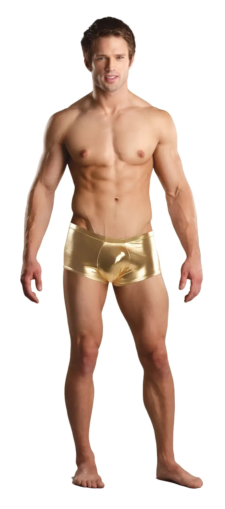 Male power heavy metal mini short boxer briefs in shiny gold metallic fabric for a bold and stylish look