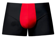 Male power 154-300 hot mesh pouch short in black with bold red central panel and breathable mesh fabric