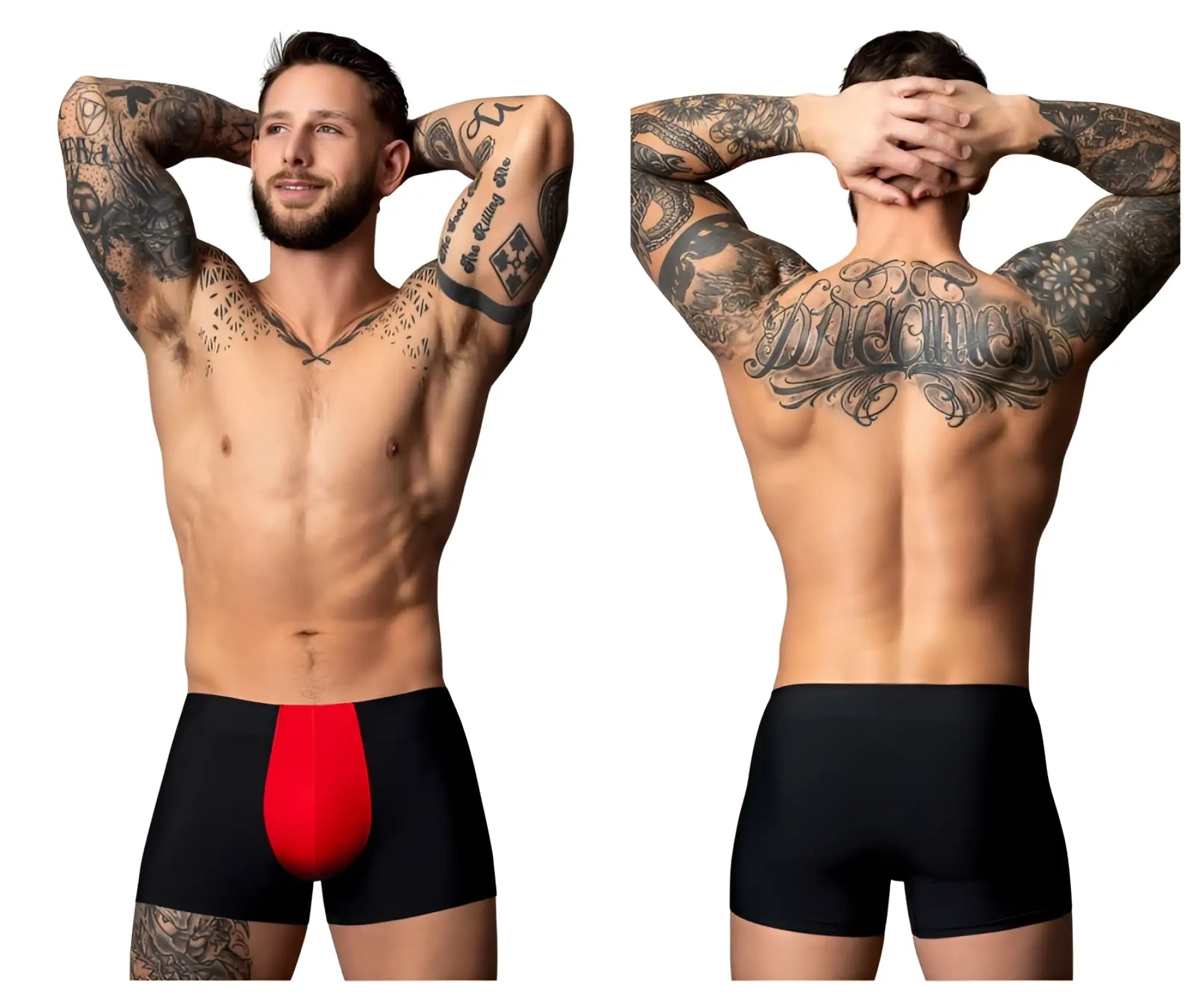 Male Power 154-300 Hot Mesh Pouch Short black briefs with bold red front mesh panel for enhanced breathability and style