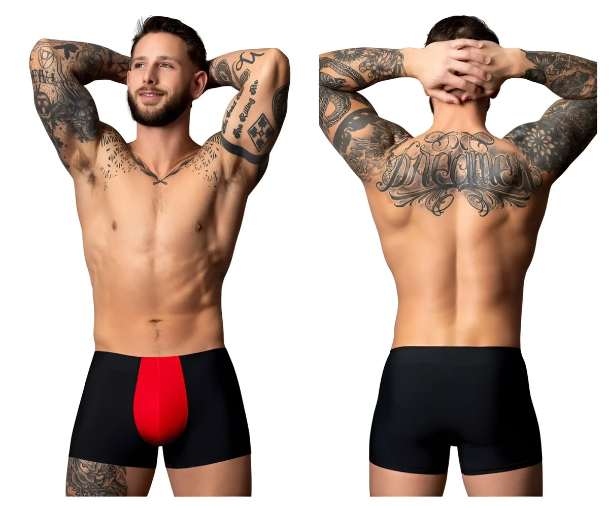 Male Power 154-300 Hot Mesh Pouch Short black briefs with bold red front mesh panel for enhanced breathability and style