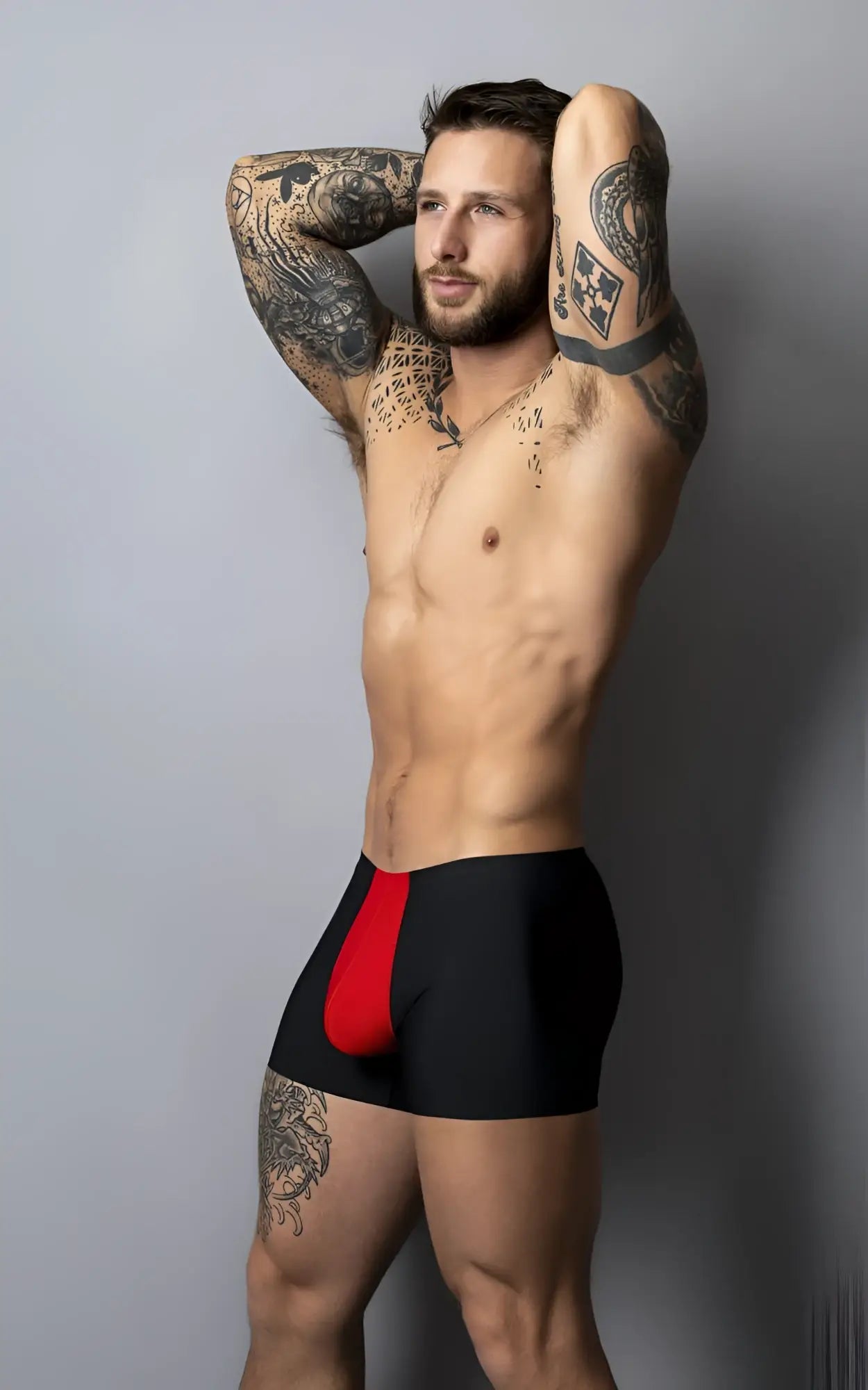 Male power 154-300 hot mesh pouch short black briefs with bold red side panel and breathable mesh fabric