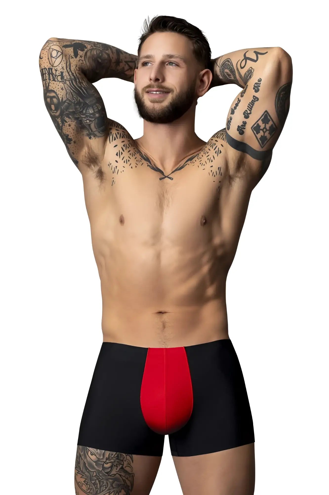 Male Power 154-300 hot mesh pouch boxer briefs in black and red with bold central red panel for enhanced support