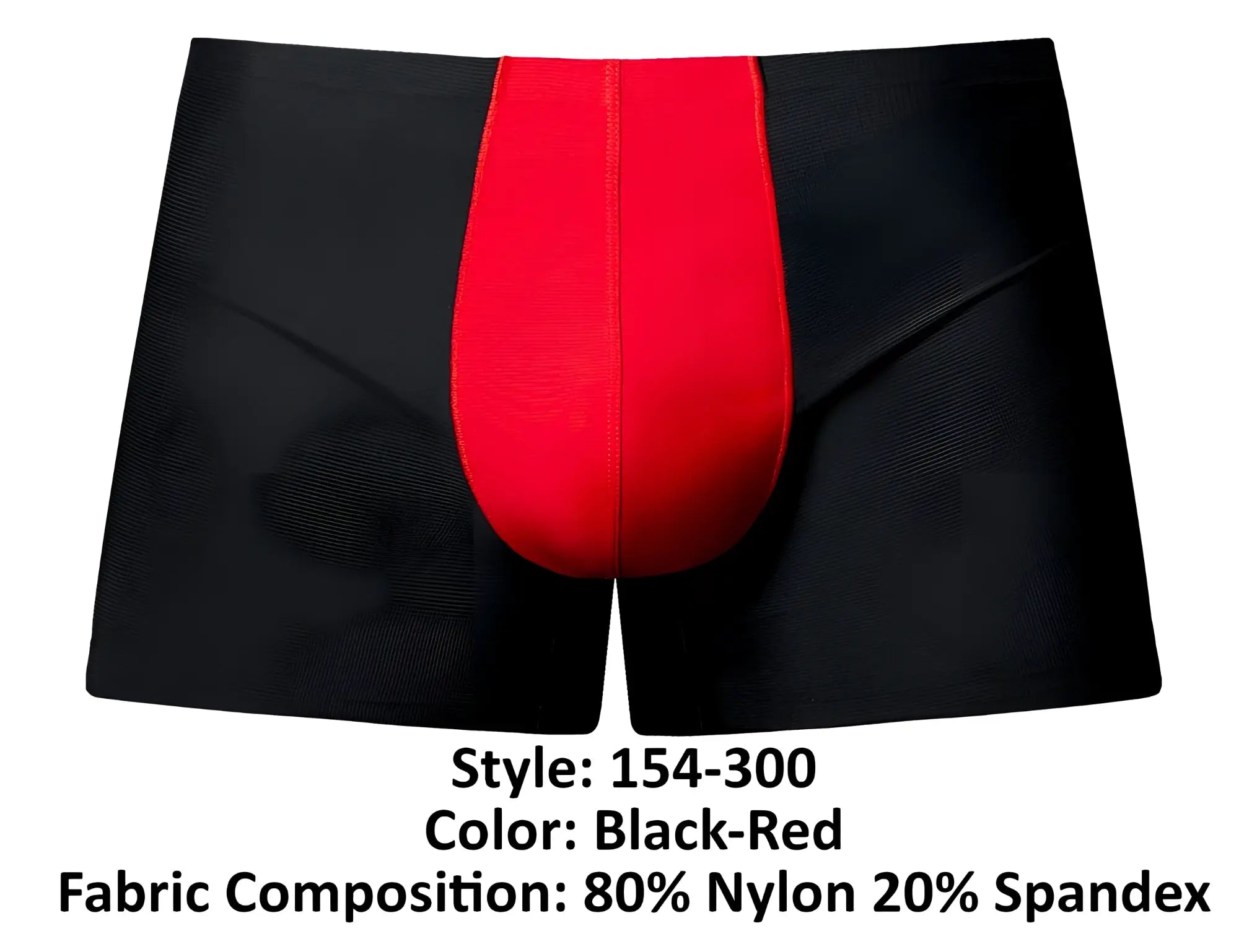 Male power 154-300 hot mesh pouch short black red boxer briefs with bold vertical red panel made of nylon spandex blend