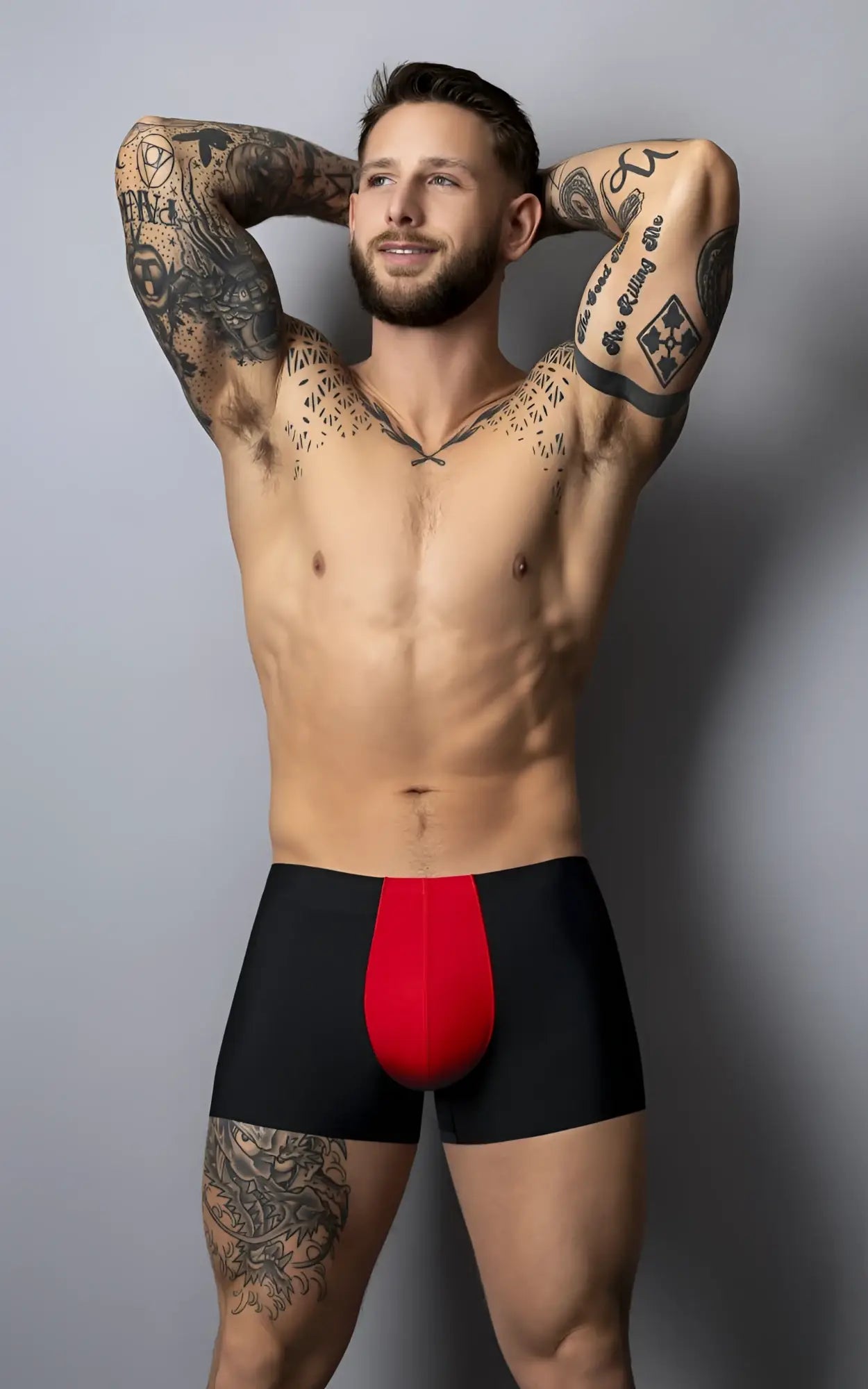 Male Power 154-300 hot mesh pouch short boxer briefs in black and red with a bold central red panel