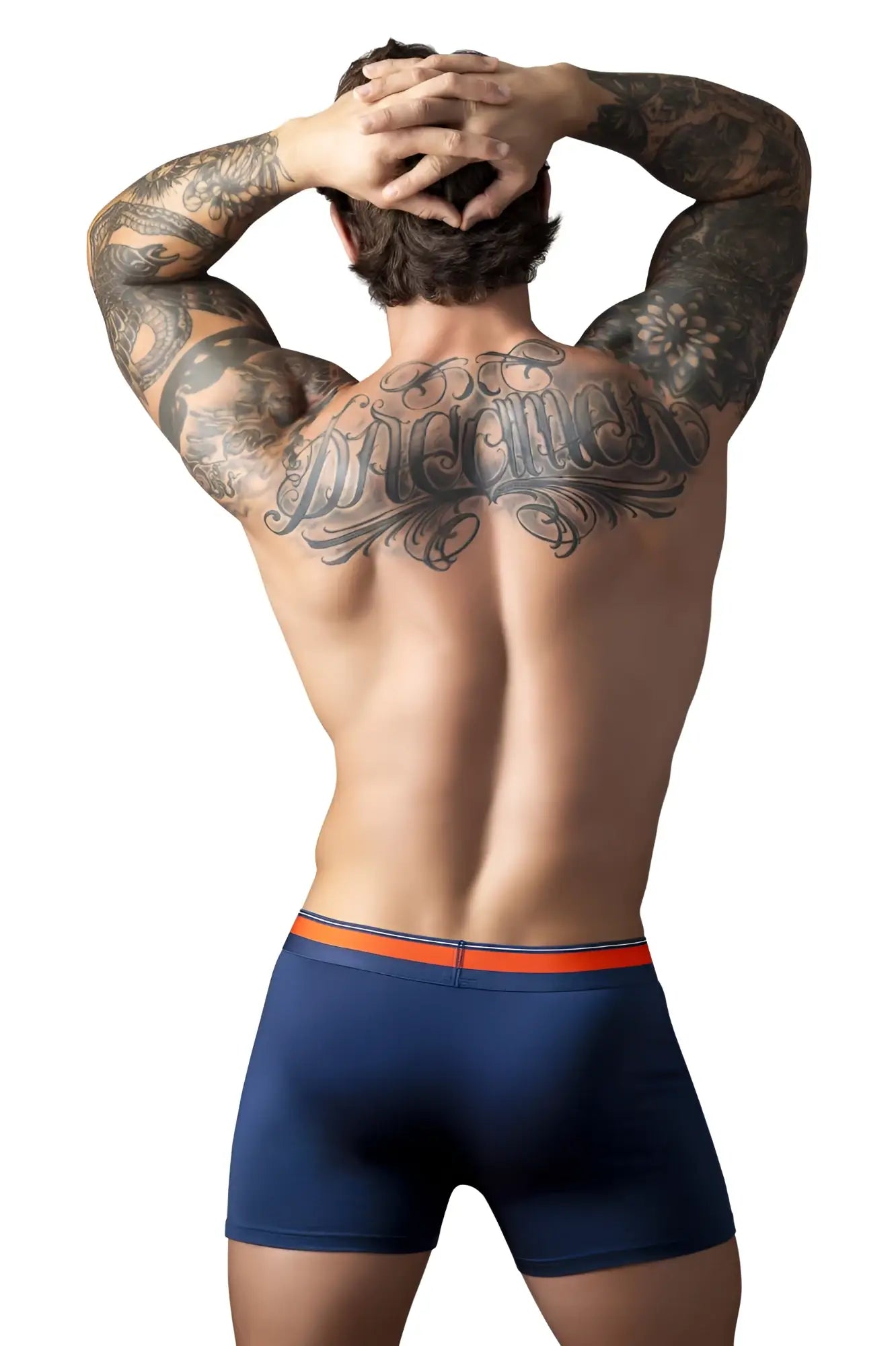 Male power 160 299 soo cumfy boxer briefs in navy with bright orange elastic waistband for comfortable support
