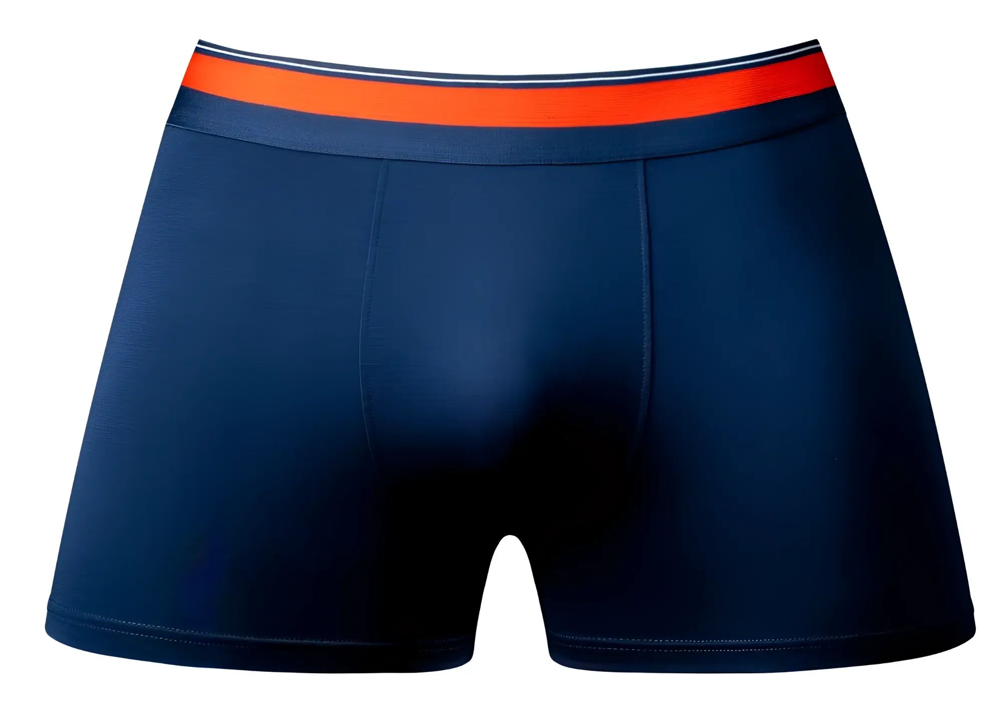 Male Power 160-299 Soo Cumfy boxer briefs in navy blue with bright orange waistband and white dark blue stripes