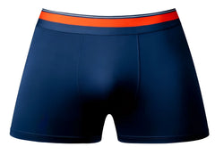 Male Power 160-299 Soo Cumfy boxer briefs in navy blue with bright orange waistband and white dark blue stripes