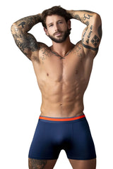 Navy blue male power soo cumfy boxer briefs with bright orange elastic waistband for comfortable everyday wear