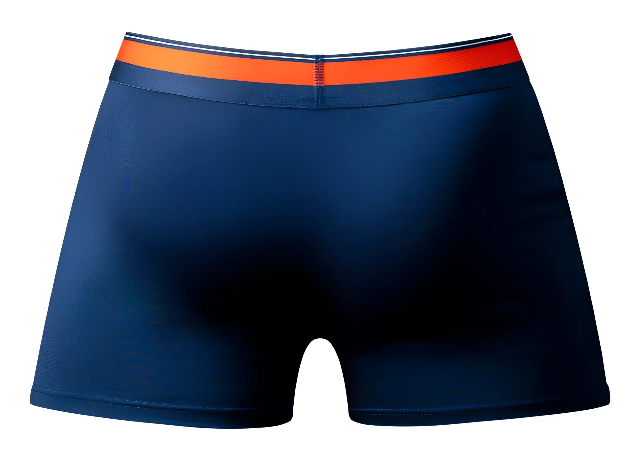 Navy blue Male Power Soo Cumfy boxer briefs with bright orange and white striped waistband for comfortable wear