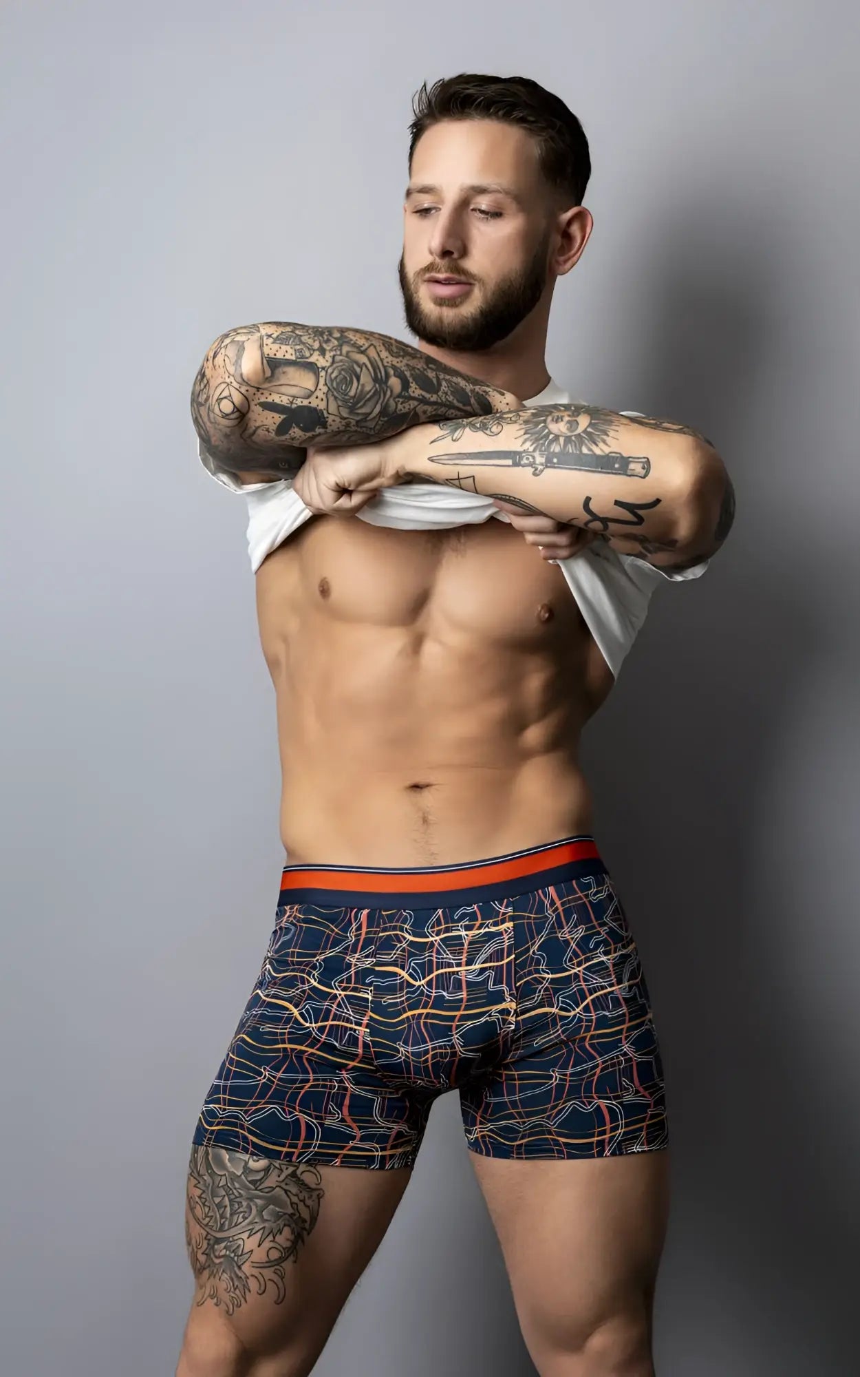 Male power 160-299 soo cumfy boxer briefs in navy with vibrant orange pink white geometric pattern and orange waistband