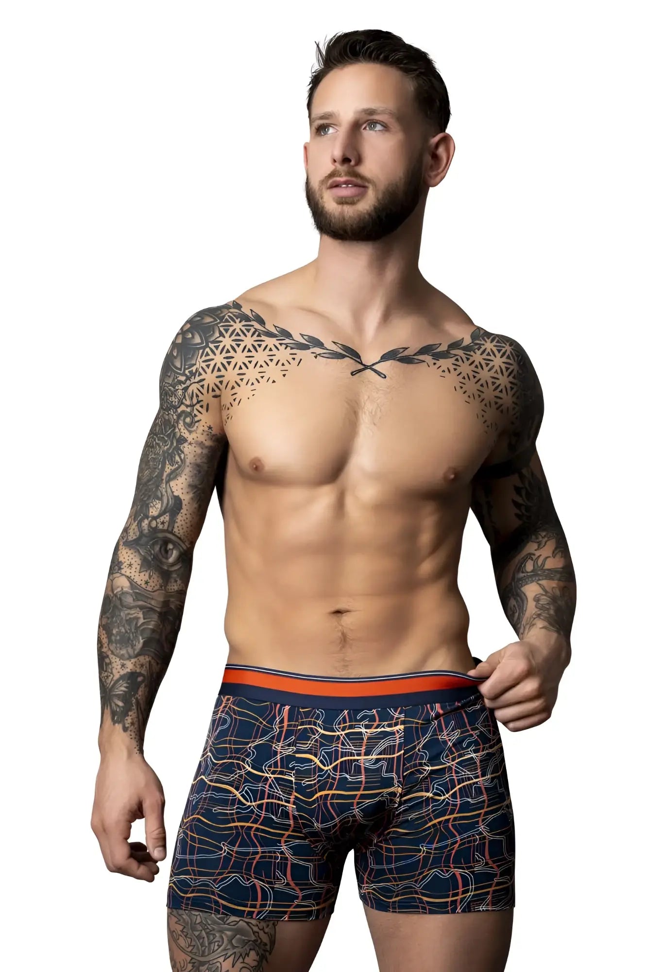 Men’s navy blue male power 160-299 soo cumfy boxer briefs with orange and white geometric pattern and orange waistband