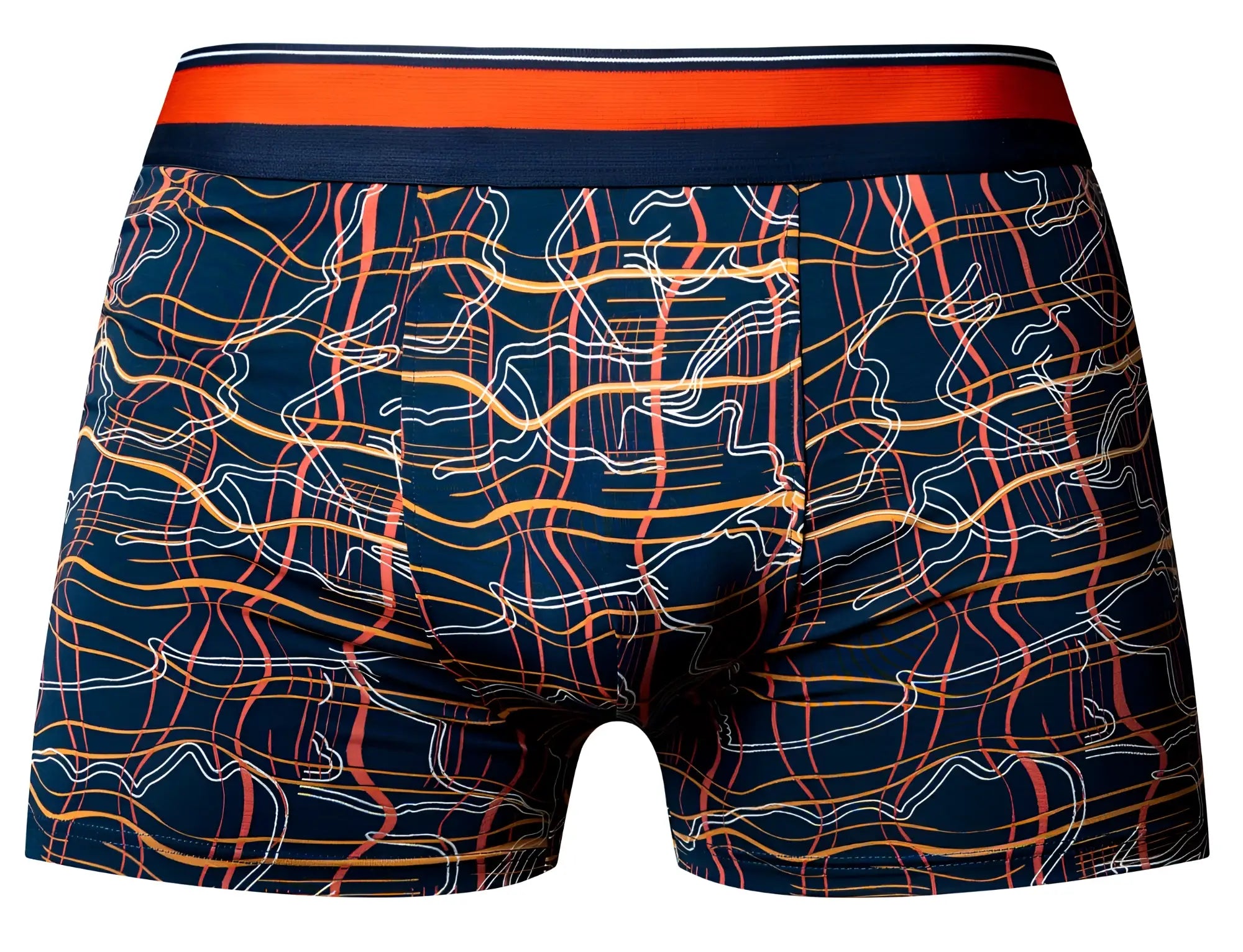 Navy boxer briefs by male power with a vibrant abstract pattern of orange yellow and white wavy lines