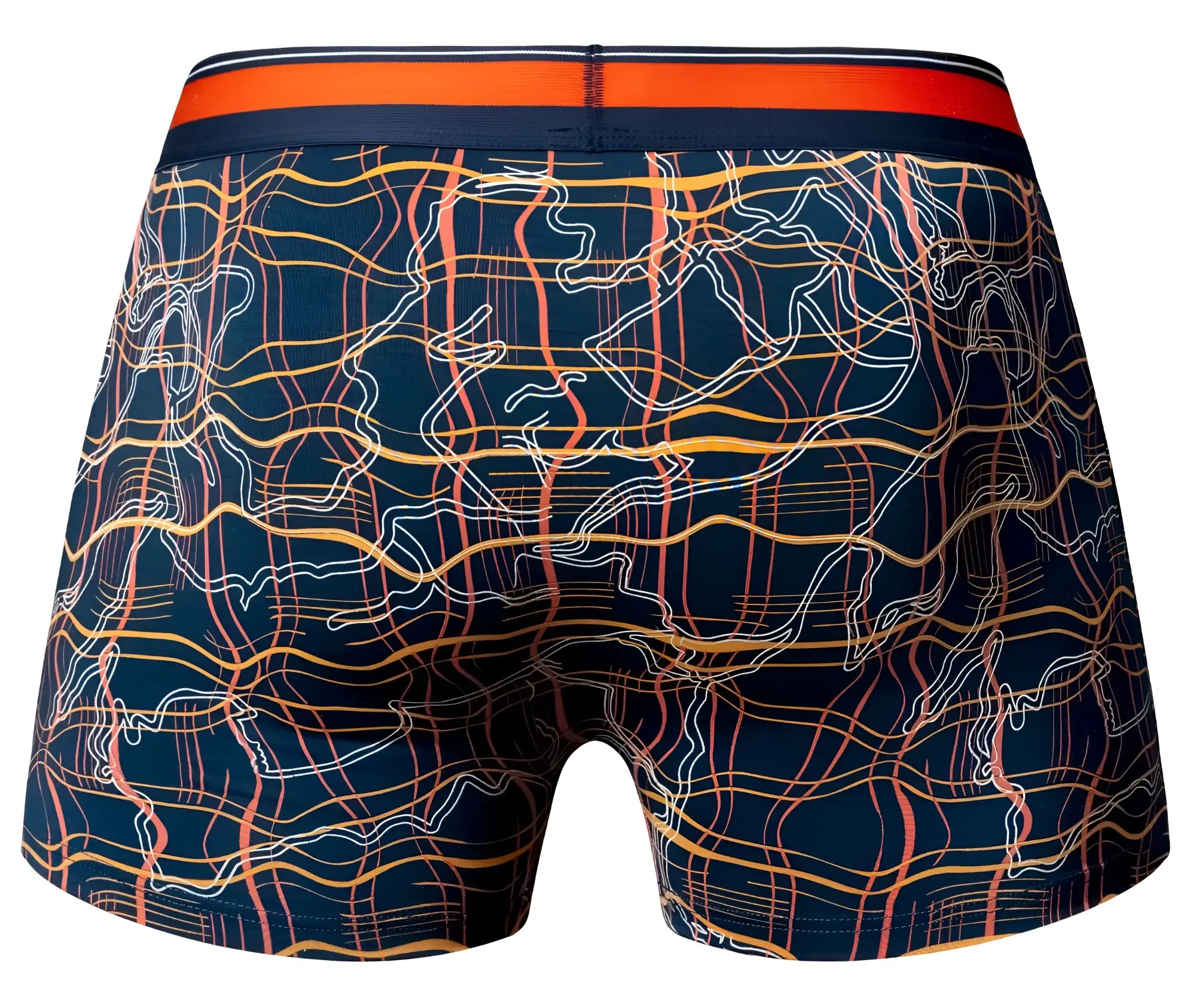 Navy blue male power soo cumfy boxer briefs with vibrant orange yellow and white abstract wavy line pattern