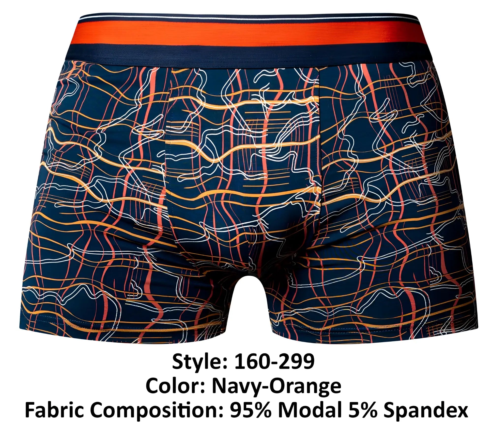 Male Power 160-299 Soo Cumfy navy-orange boxer briefs with wavy orange yellow white lines on dark blue fabric